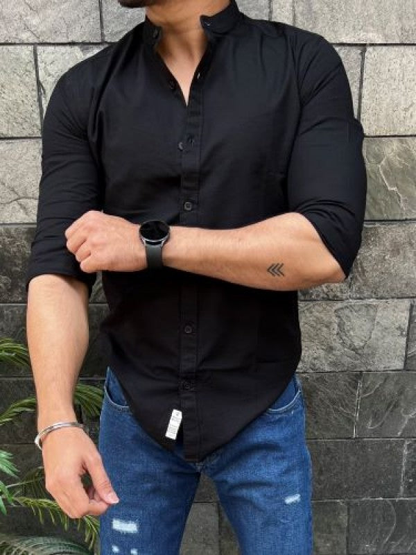 Chinese Collar Black Slub Shirt