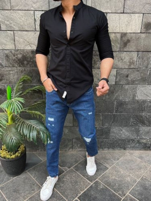 Chinese Collar Black Slub Shirt