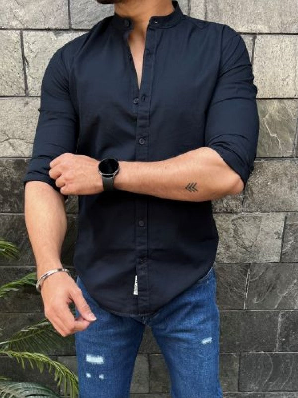 Chinese Collar Navy Slub Shirt