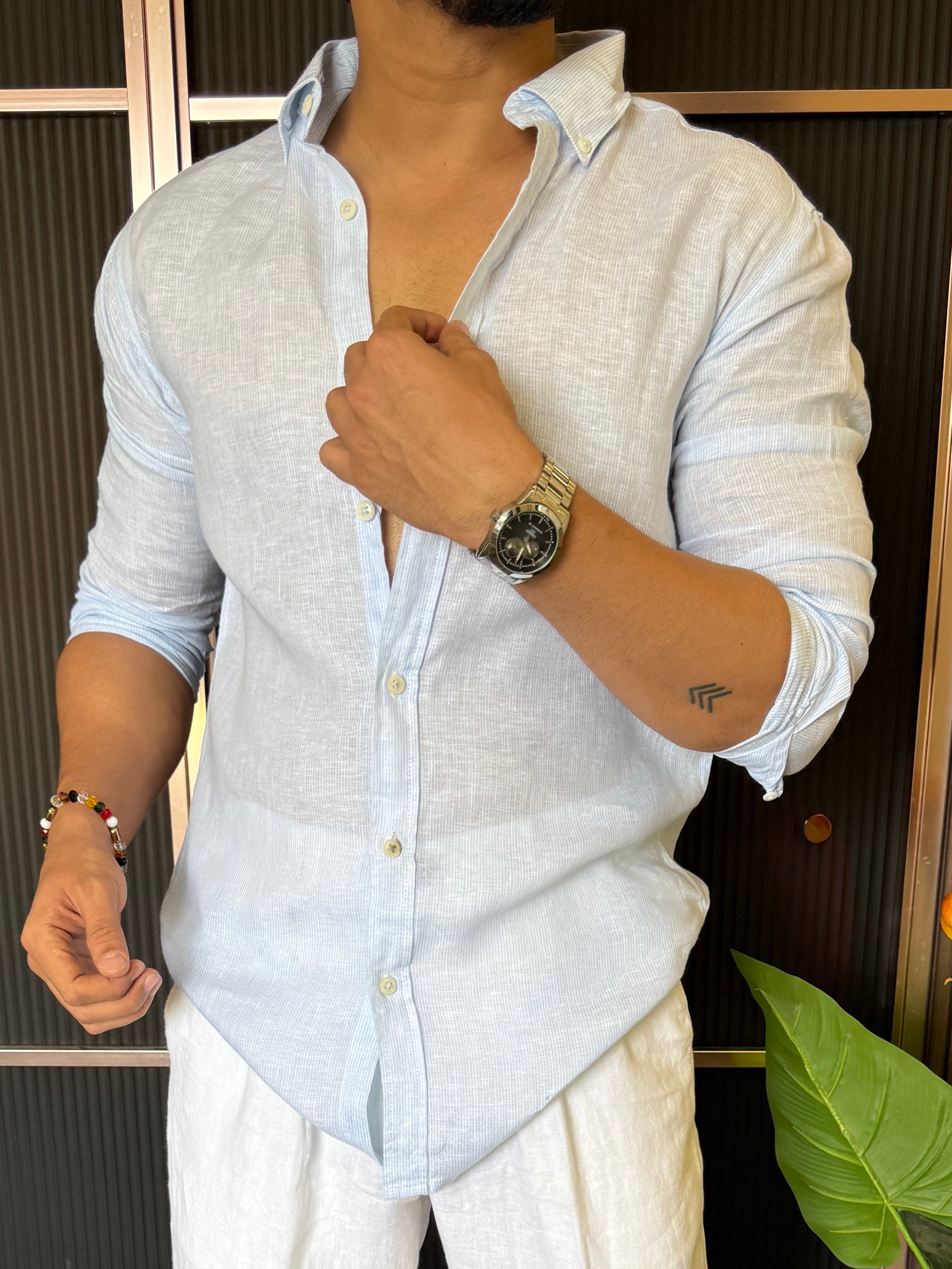 Pure Linen Blue Striper Full Sleeve Shirt