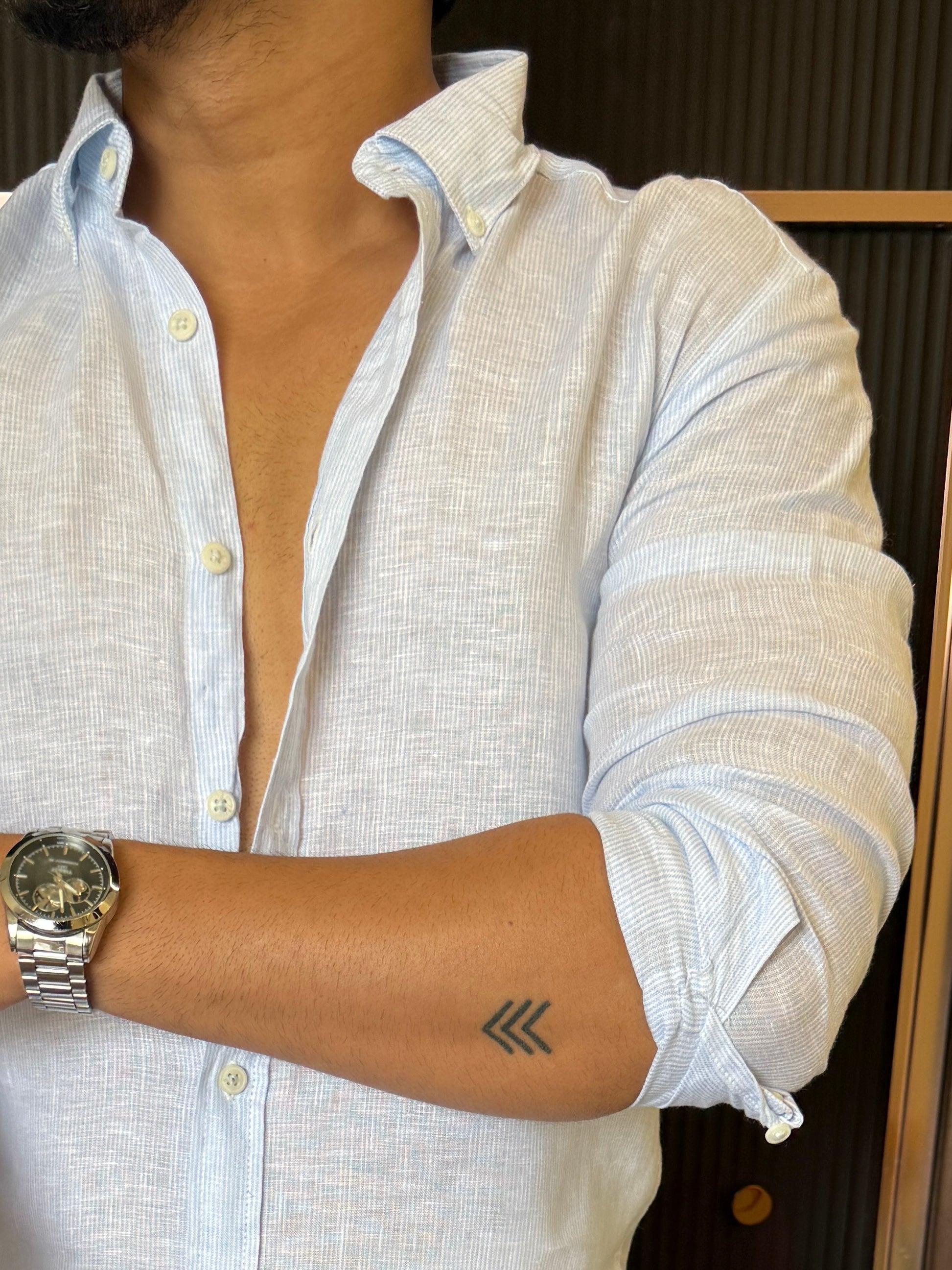 Pure Linen Blue Striper Full Sleeve Shirt