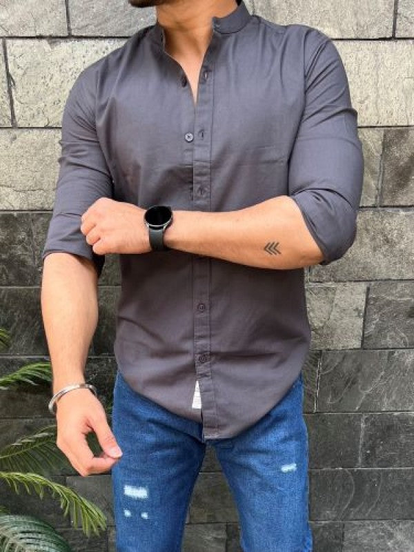 Chinese Collar Dark grey Slub Shirt