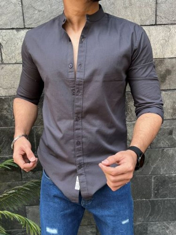Chinese Collar Dark grey Slub Shirt