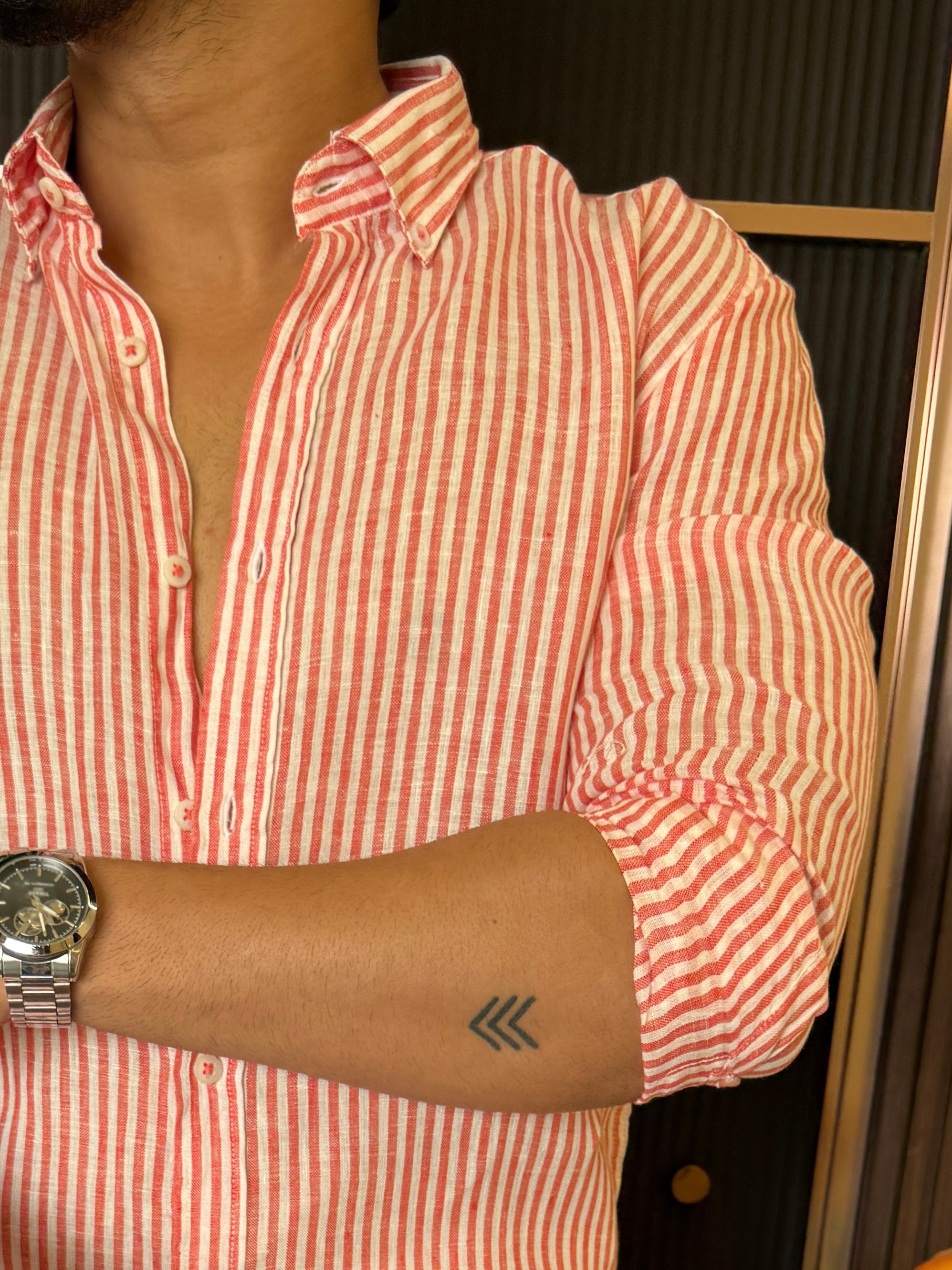 Pure Linen Orange Striper Full Sleeve Shirt