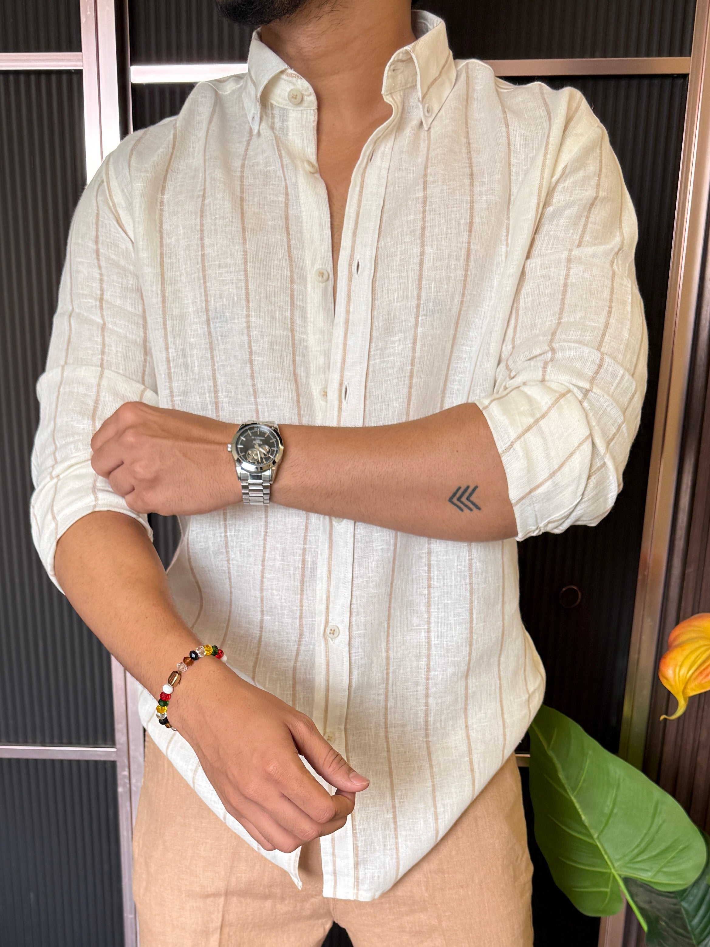 Pure Linen White Striper Full Sleeve Shirt