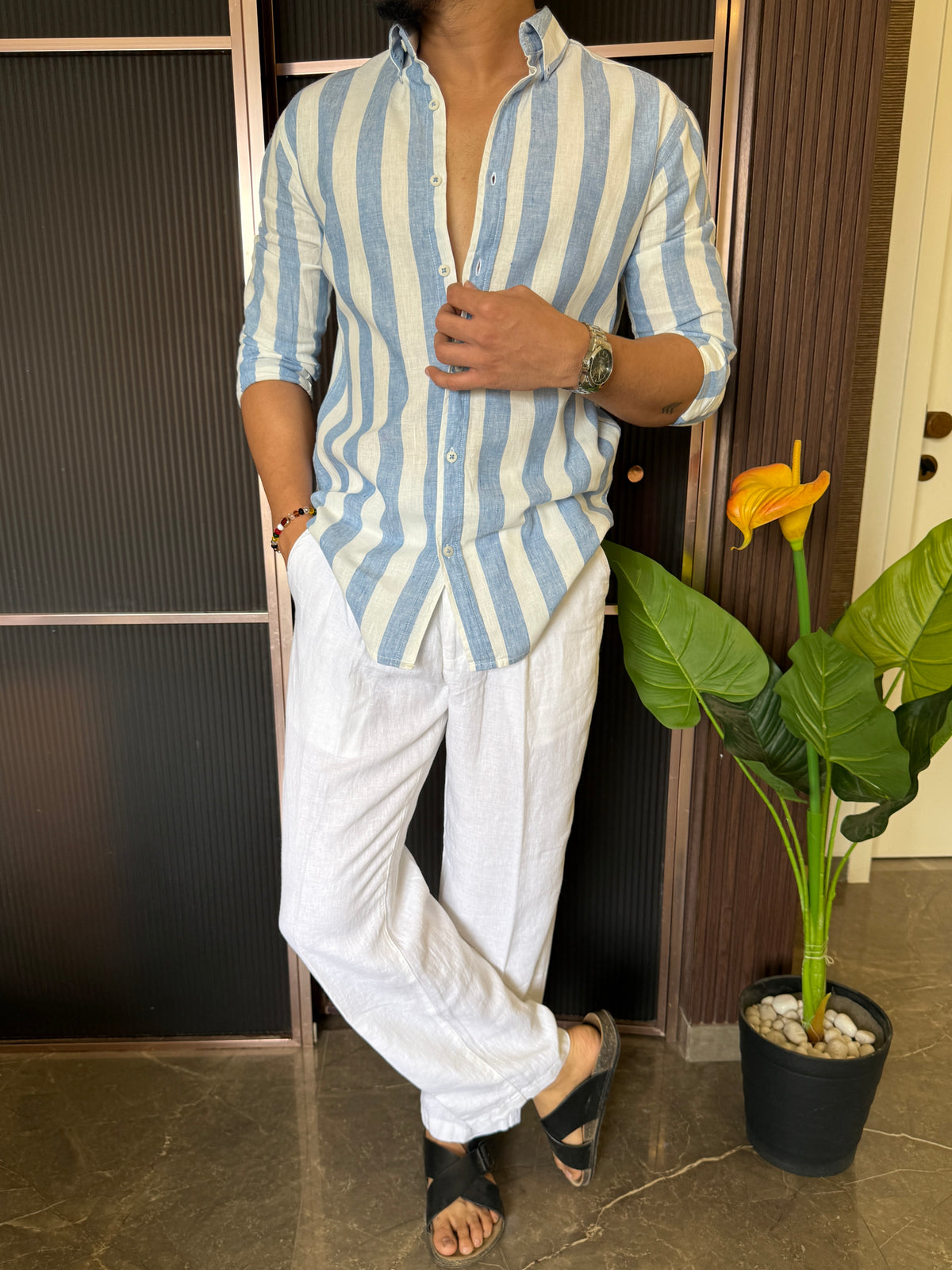 Pure Linen SkyBlue Striper Full Sleeve Shirt