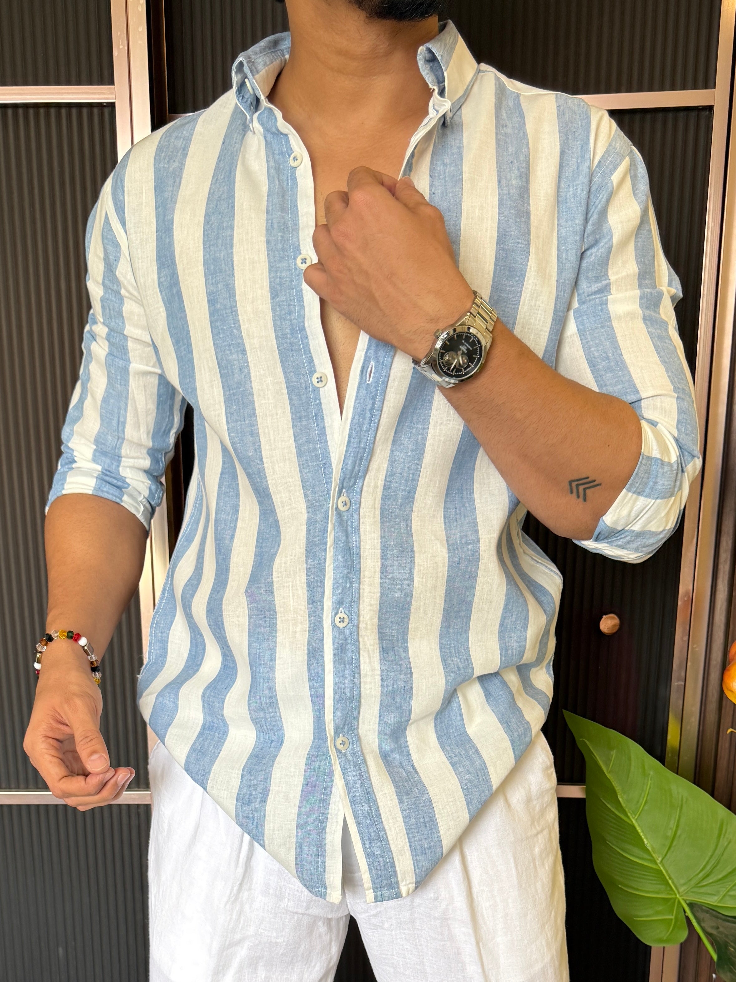 Pure Linen SkyBlue Striper Full Sleeve Shirt