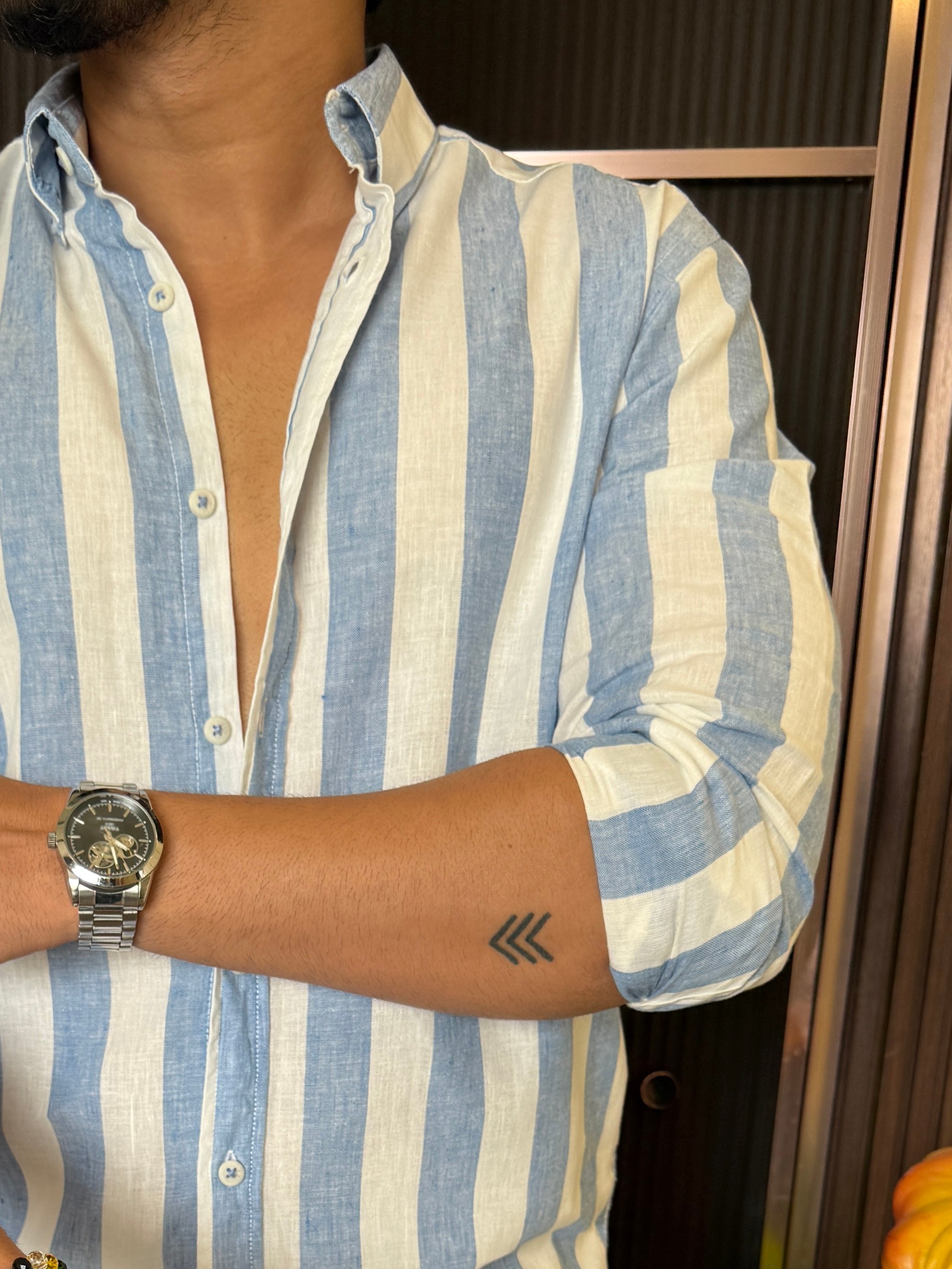Pure Linen SkyBlue Striper Full Sleeve Shirt