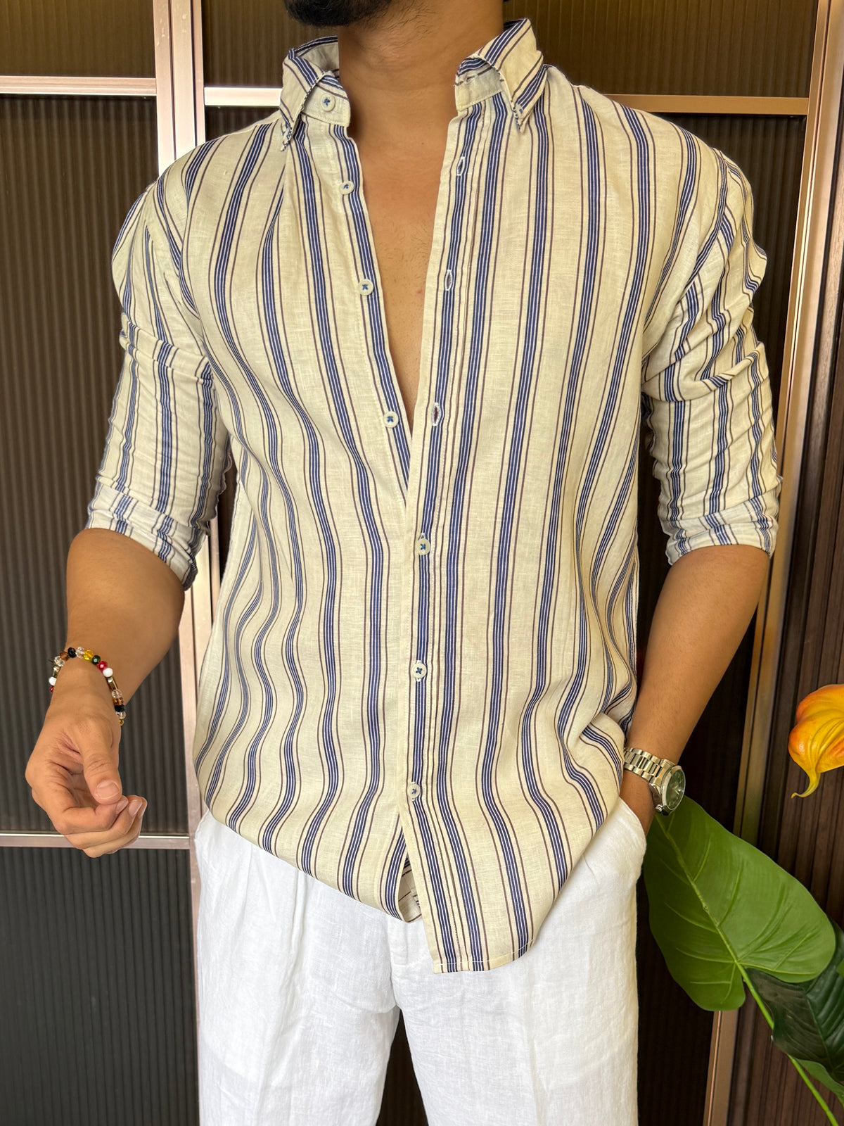 Pure Linen Cream Striper Full Sleeve Shirt
