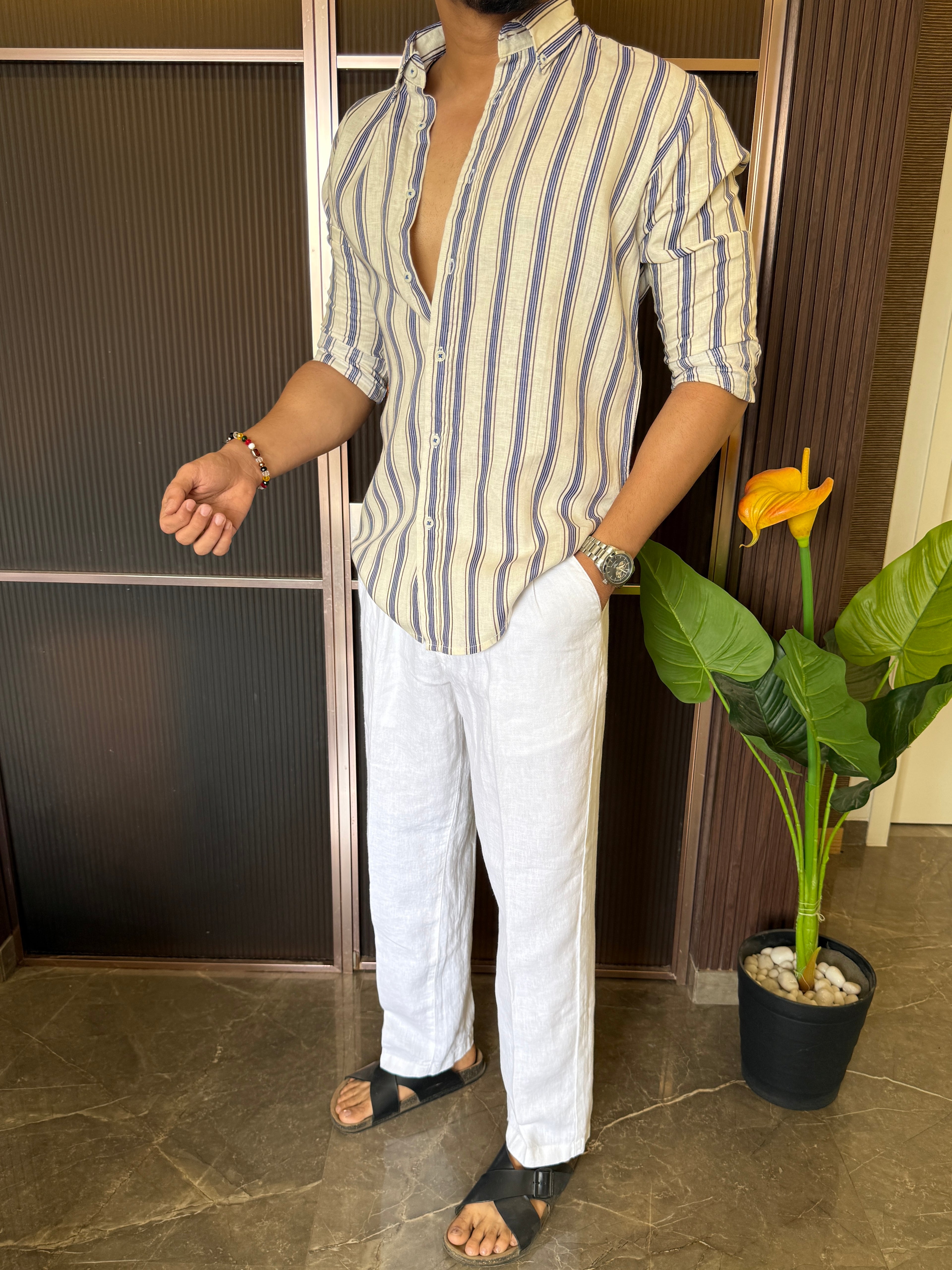 Pure Linen Cream Striper Full Sleeve Shirt