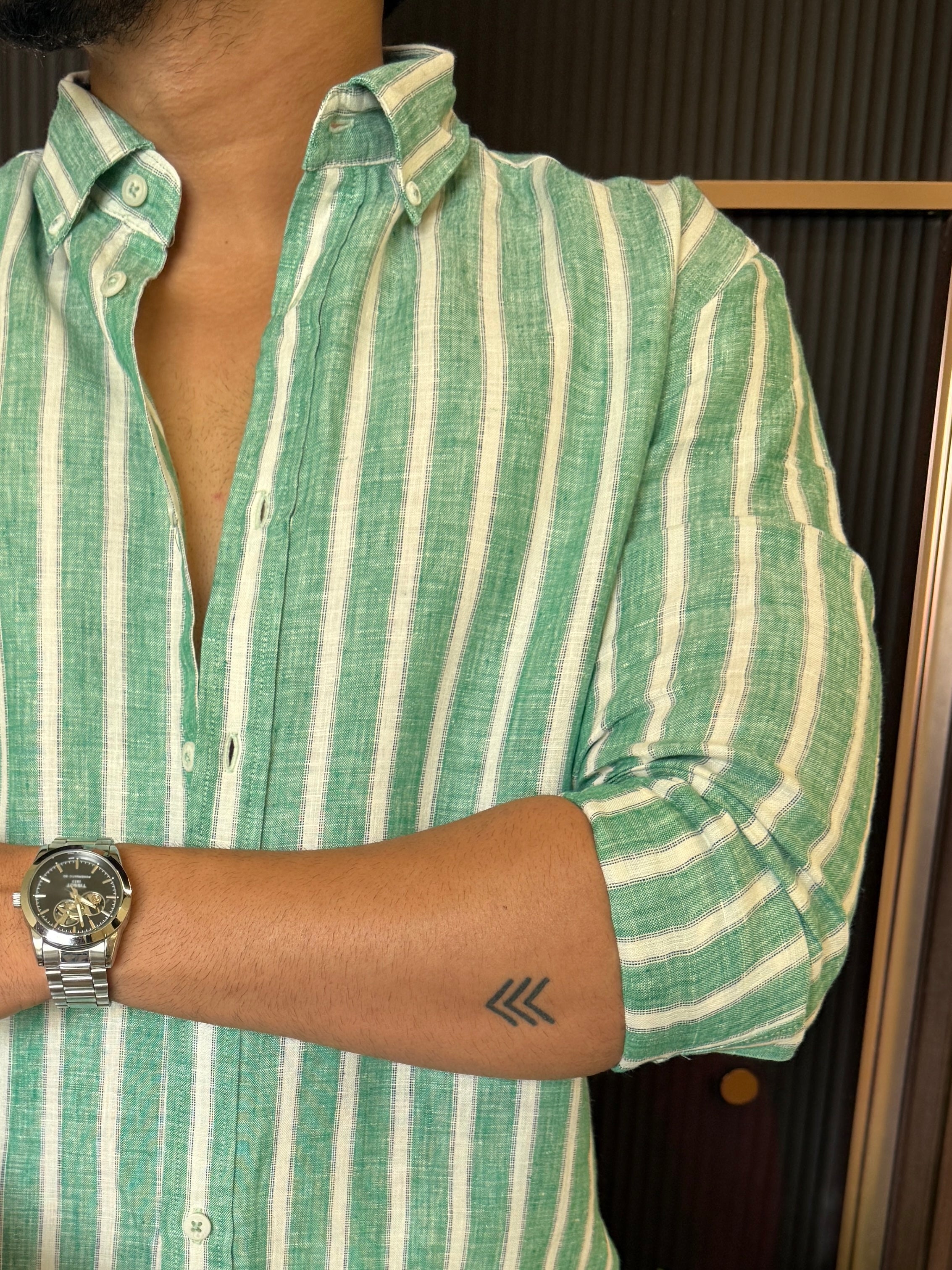 Pure Linen Green Striper Full Sleeve Shirt