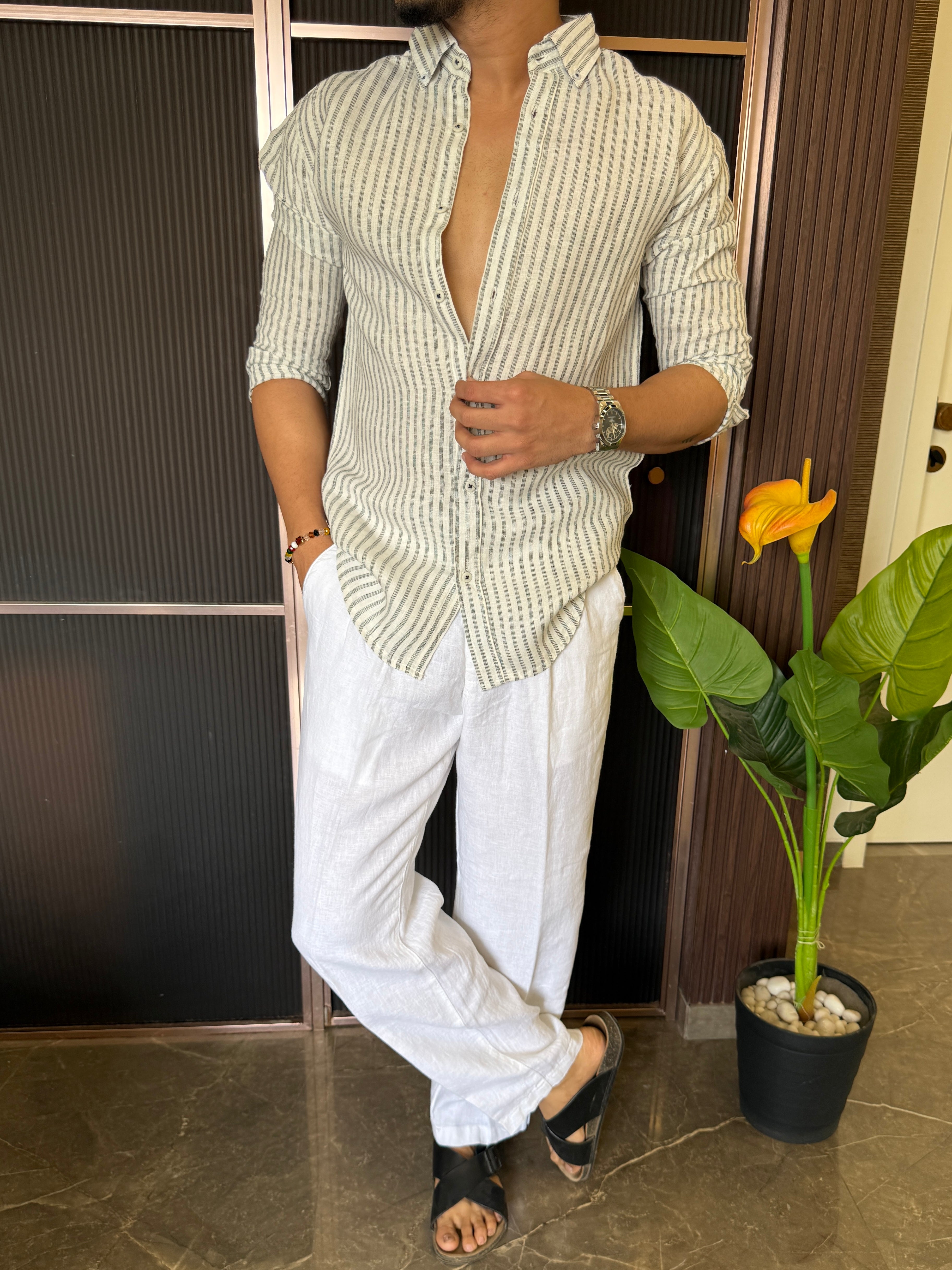 Pure Linen Beige Striper Full Sleeve Shirt
