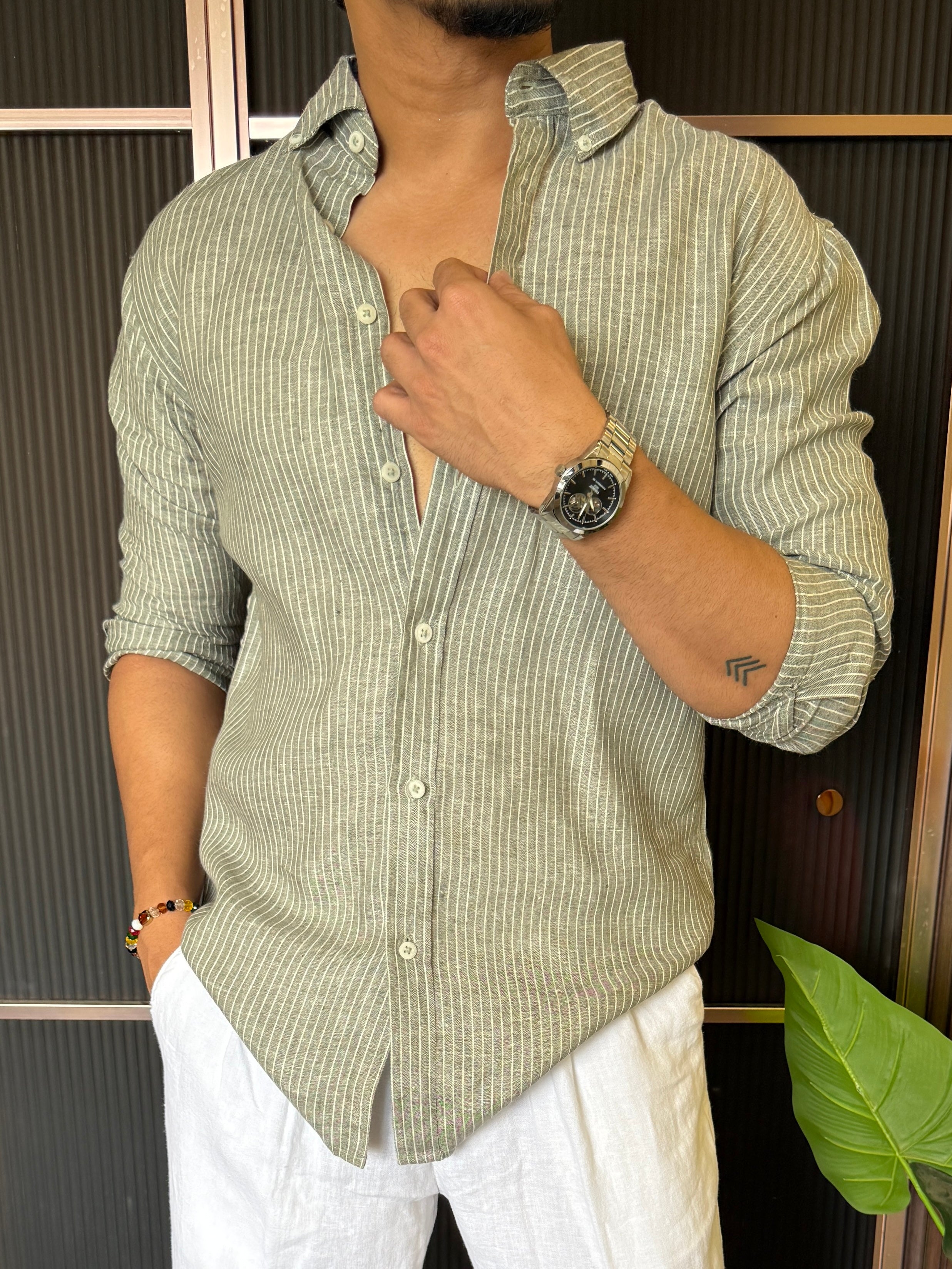 Pure Linen Olive Striper Full Sleeve Shirt