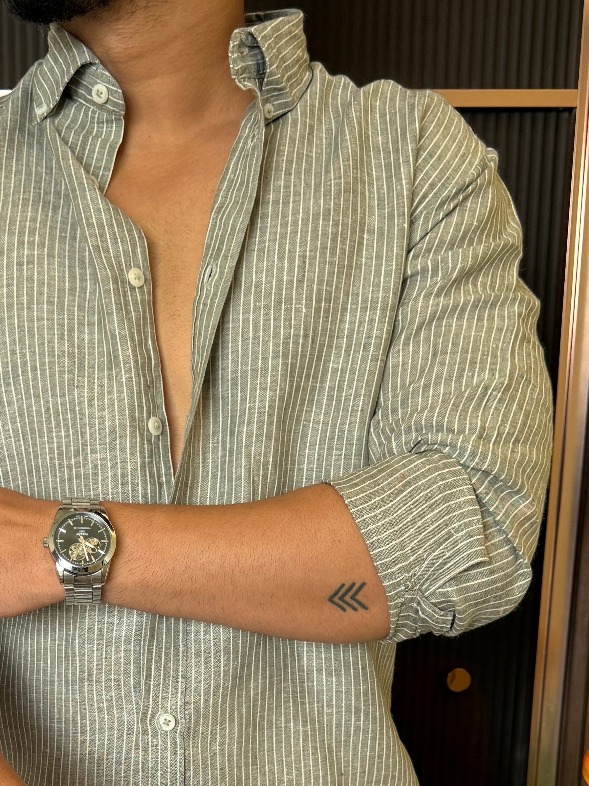 Pure Linen Olive Striper Full Sleeve Shirt