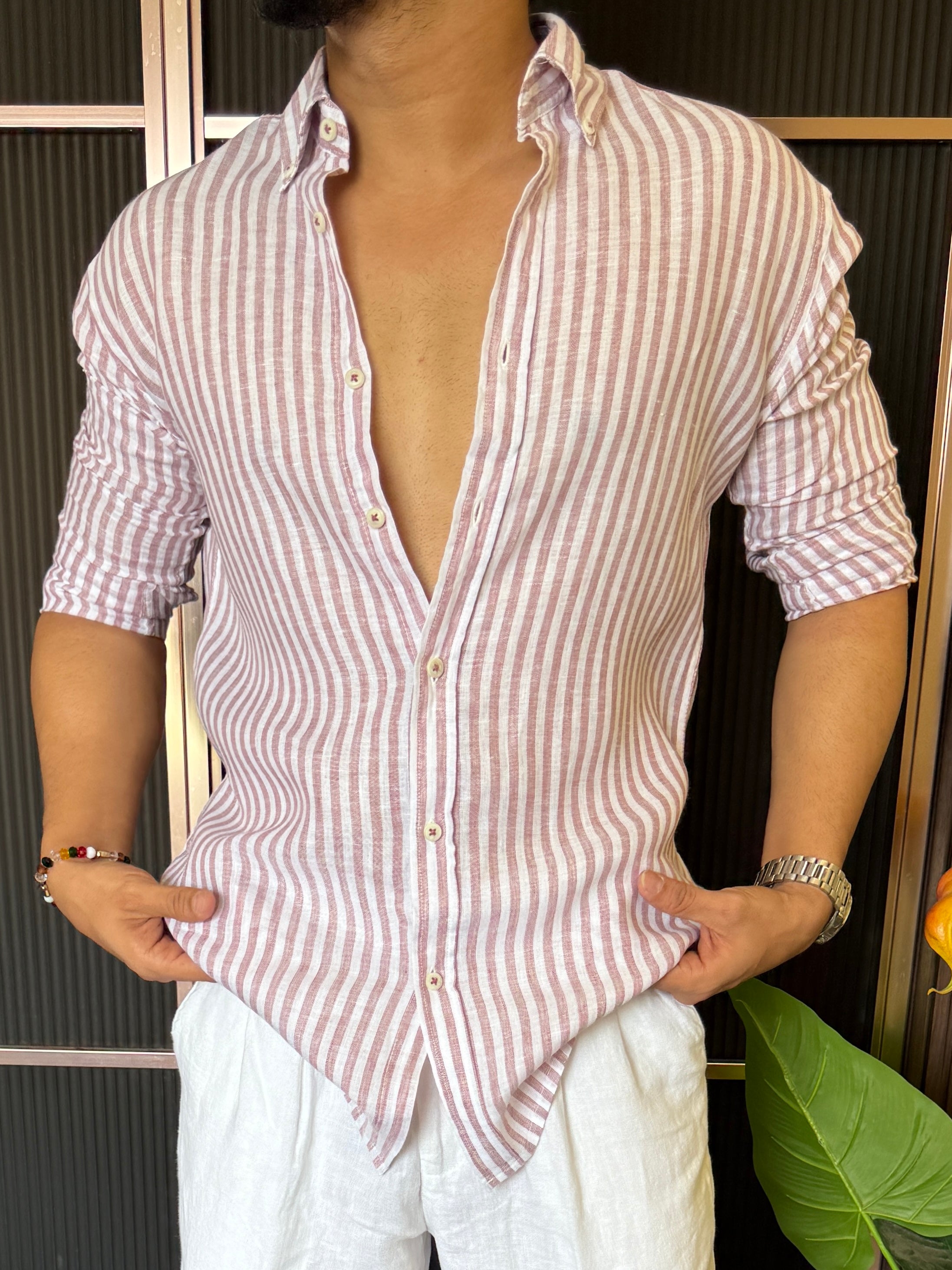 Pure Linen Peach Striper Full Sleeve Shirt
