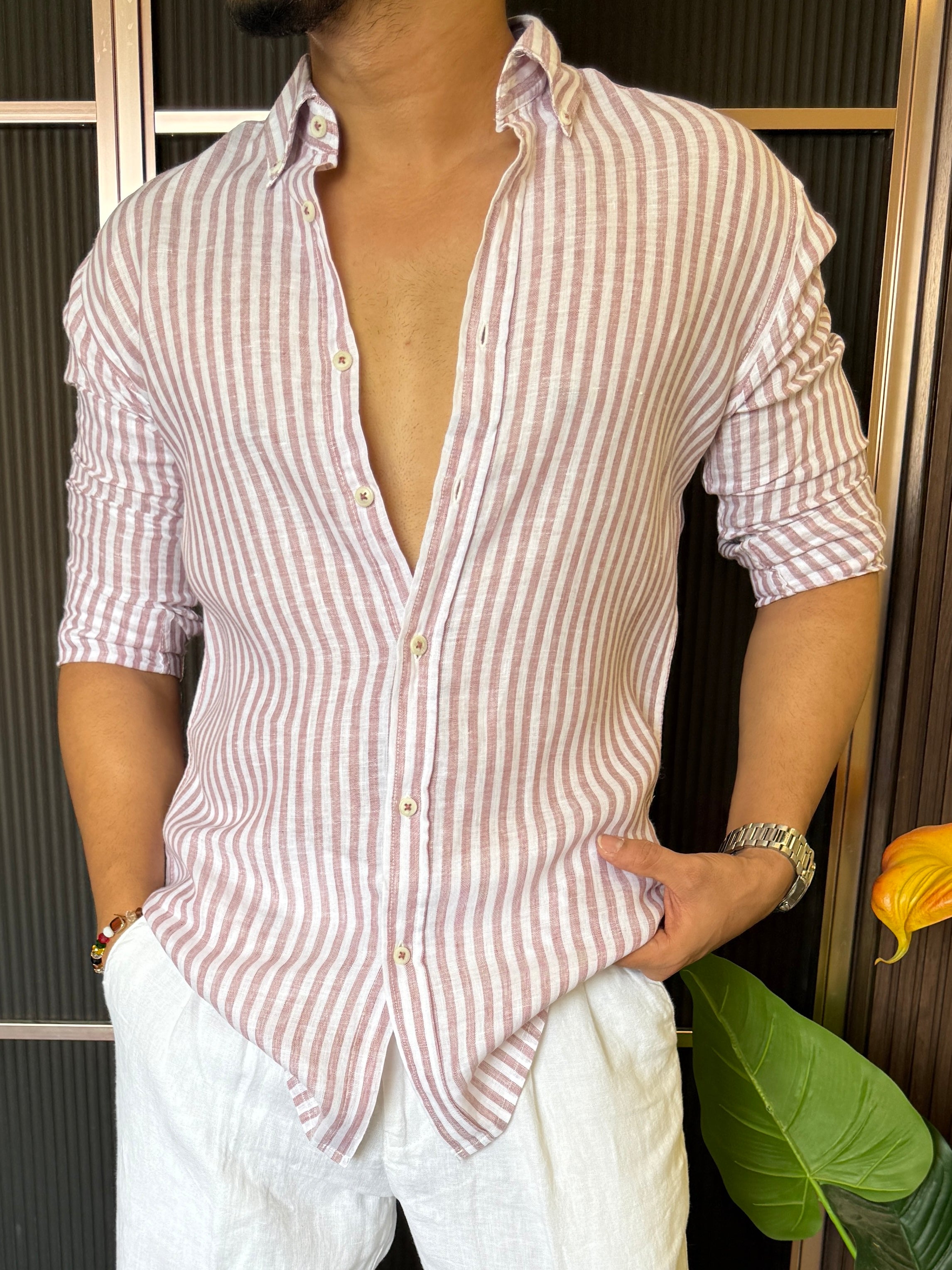 Pure Linen Peach Striper Full Sleeve Shirt