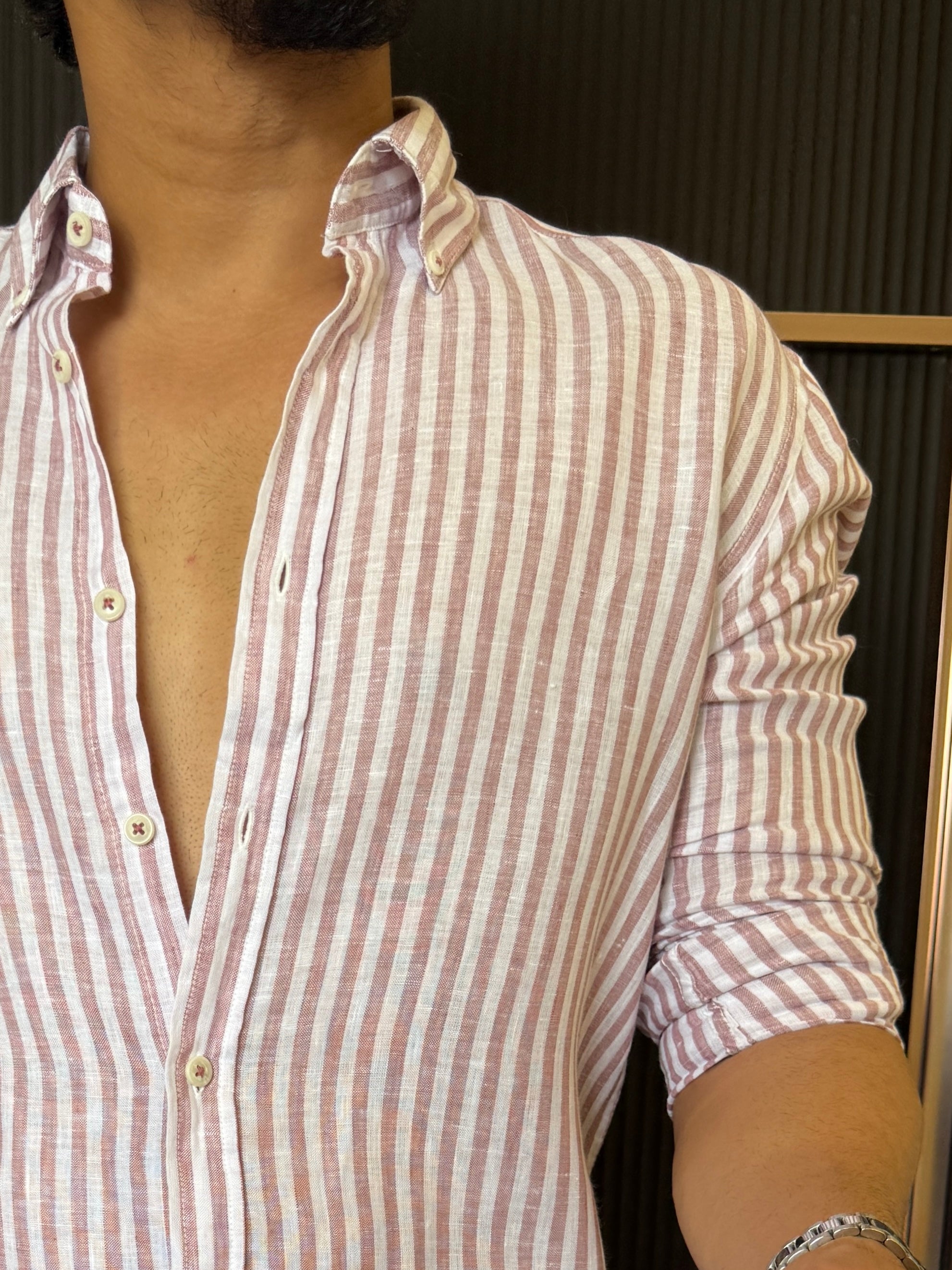 Pure Linen Peach Striper Full Sleeve Shirt