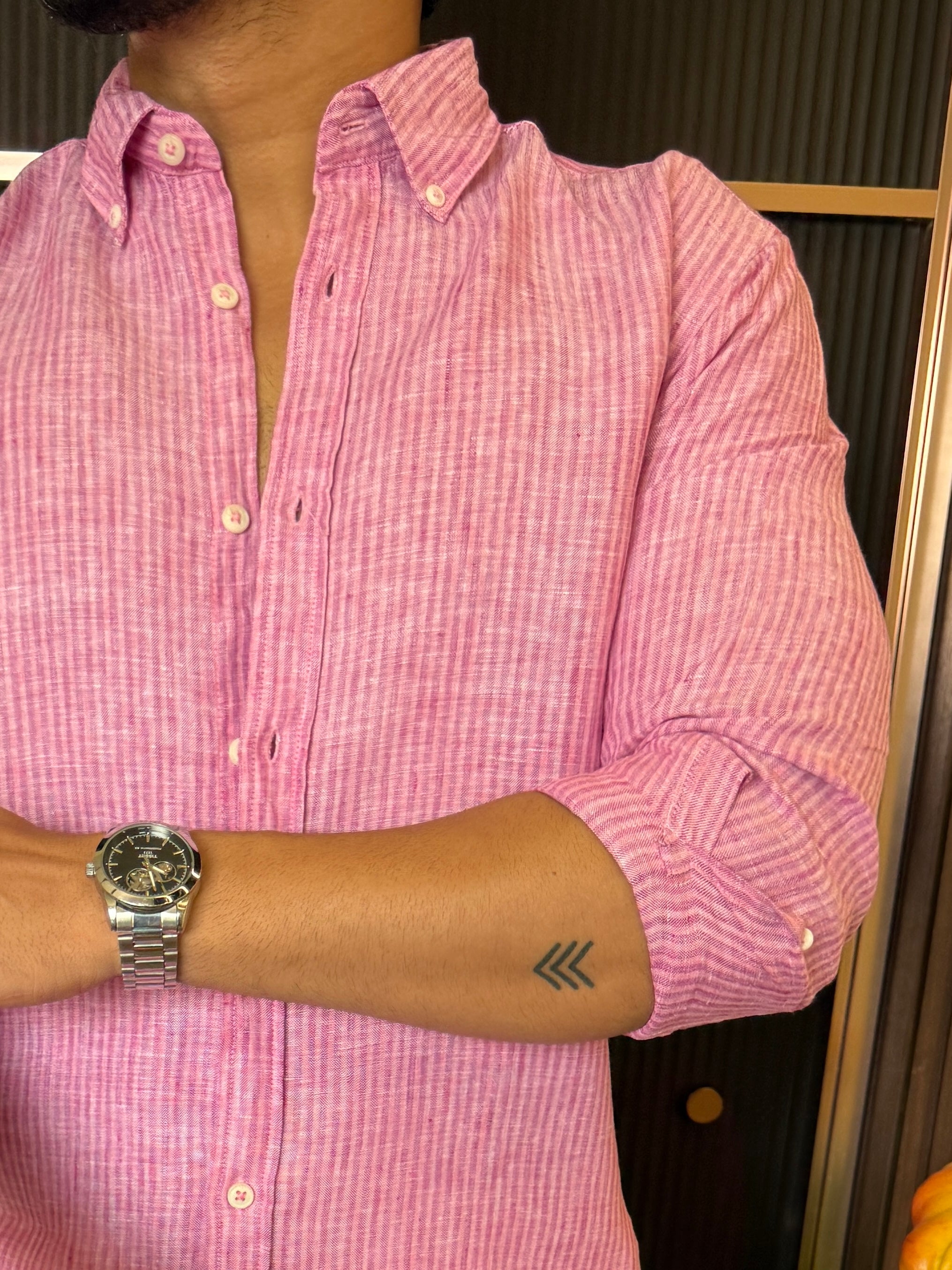 Pure Linen Pink Striper Full Sleeve Shirt