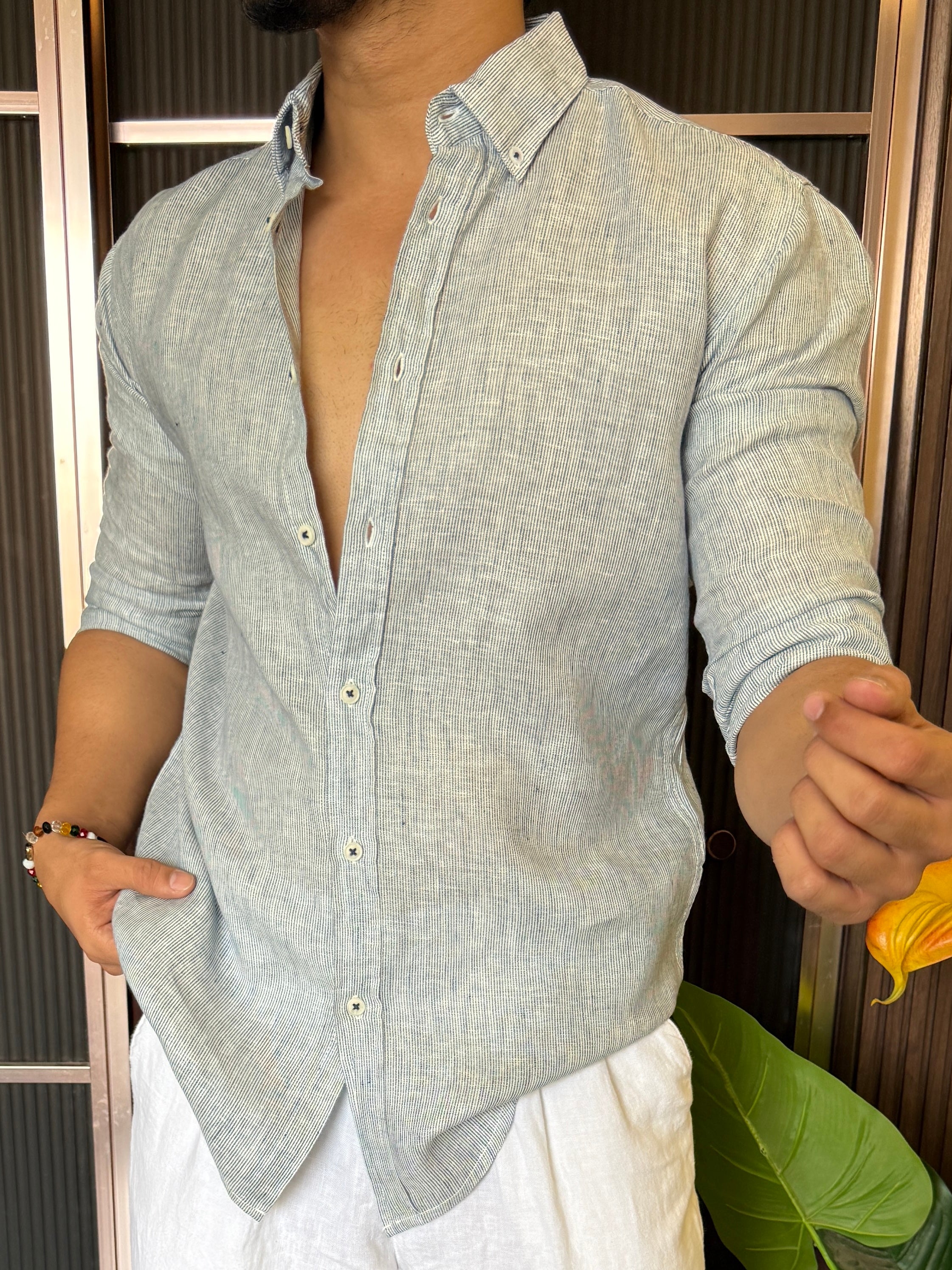 Pure Linen Grey Striper Full Sleeve Shirt