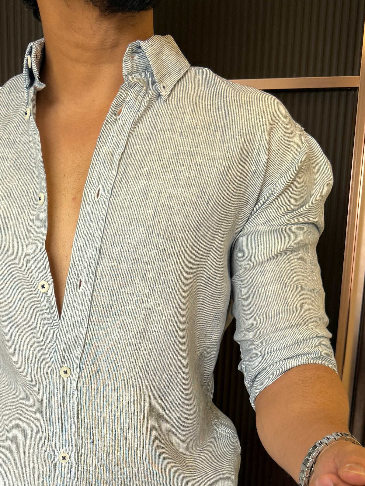 Pure Linen Grey Striper Full Sleeve Shirt