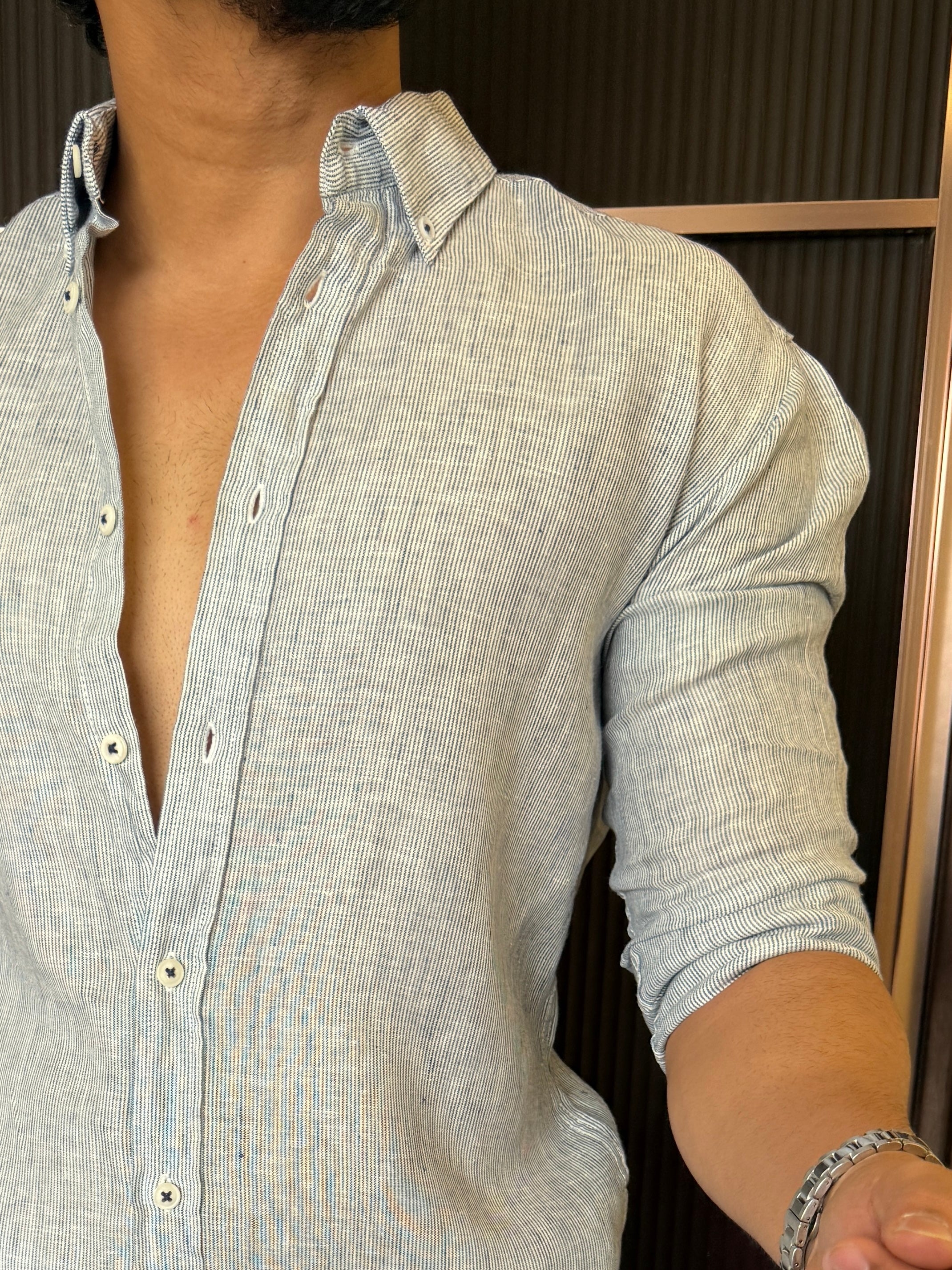 Pure Linen Grey Striper Full Sleeve Shirt
