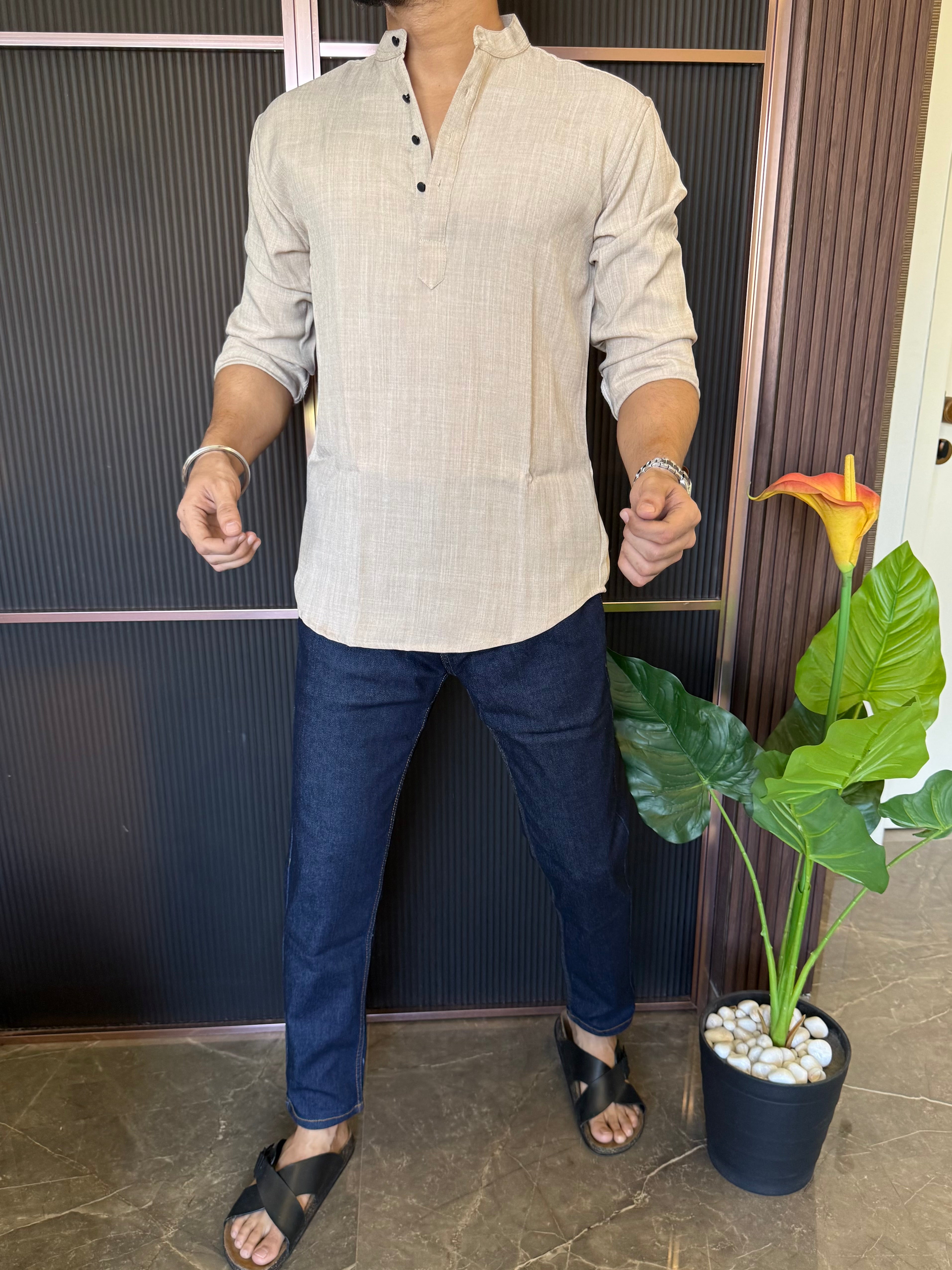 Stretchable Linen Short Kurta Cream Colour