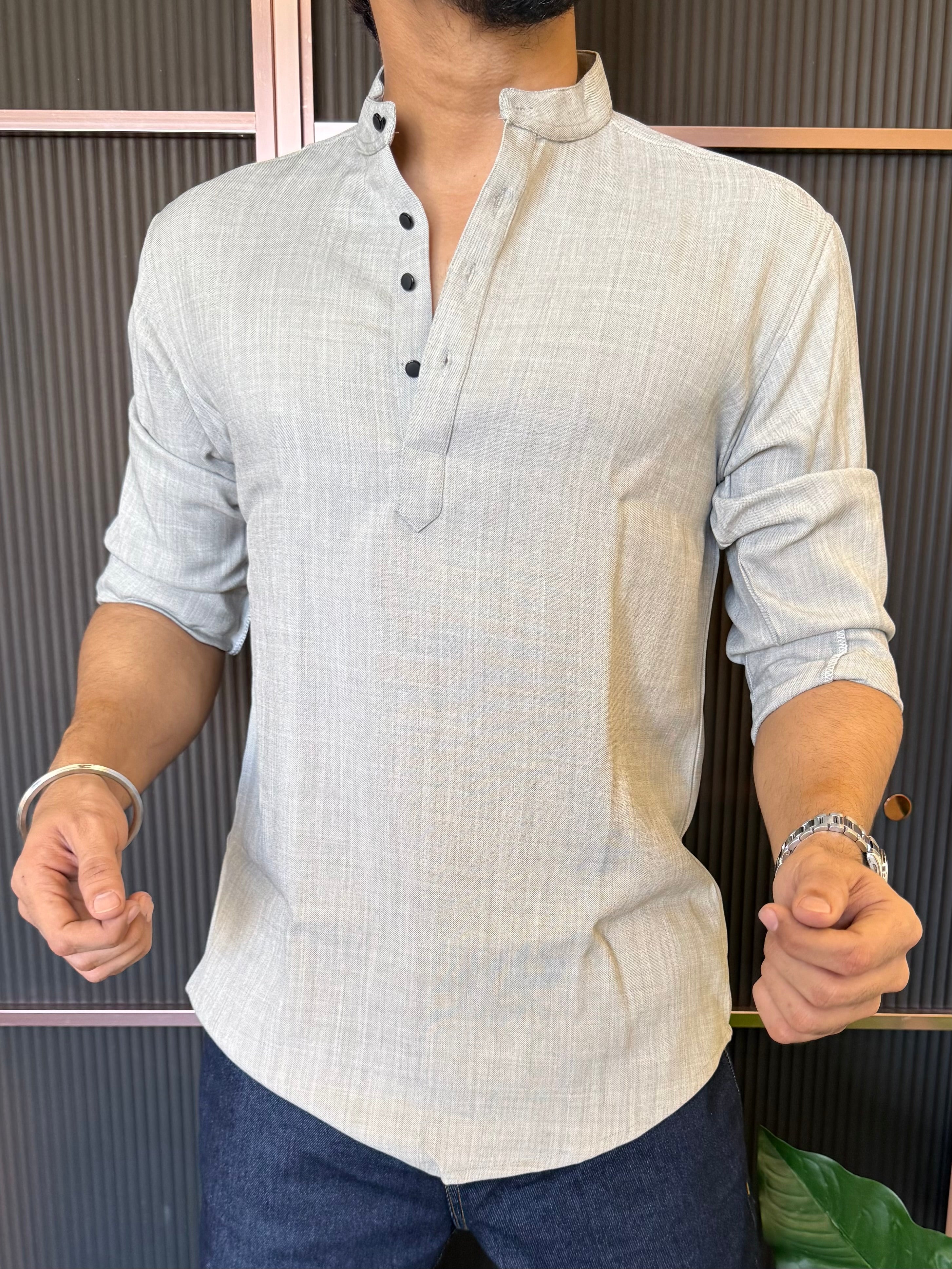 Stretchable Linen Short Kurta Light Grey