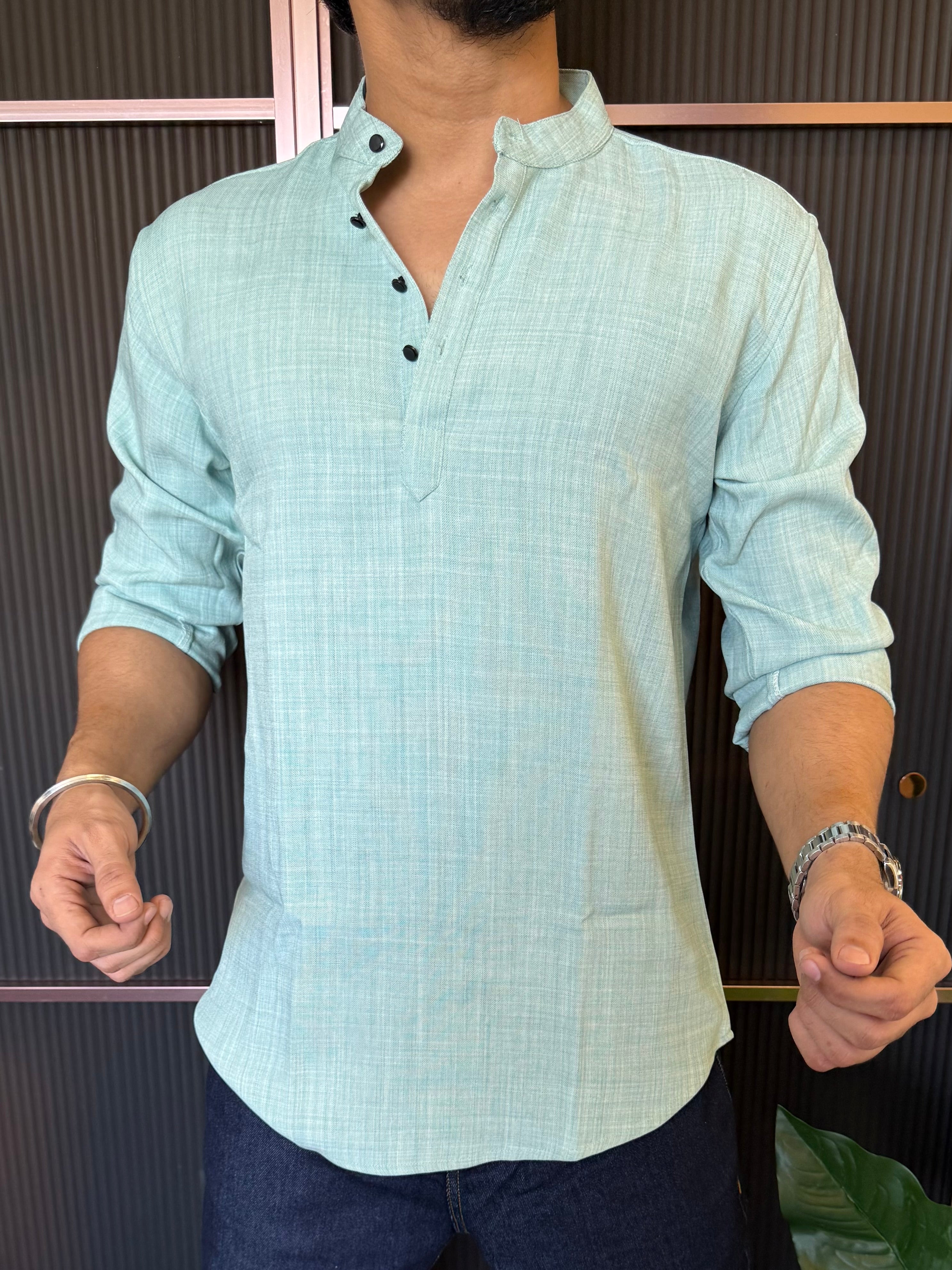 Stretchable Linen Short Kurta Mint Colour
