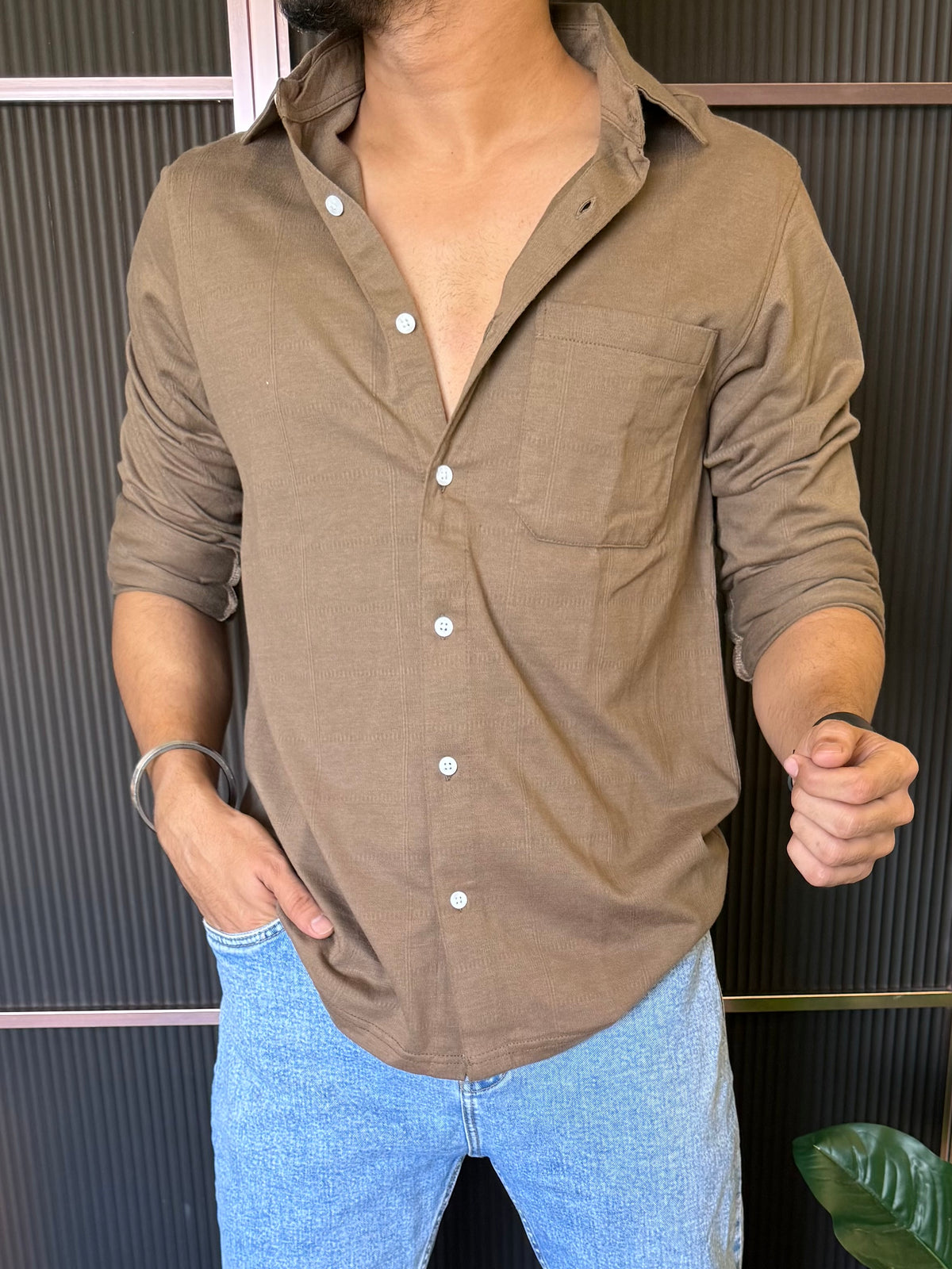 Self Texture Brown Fullsleeves Shirt