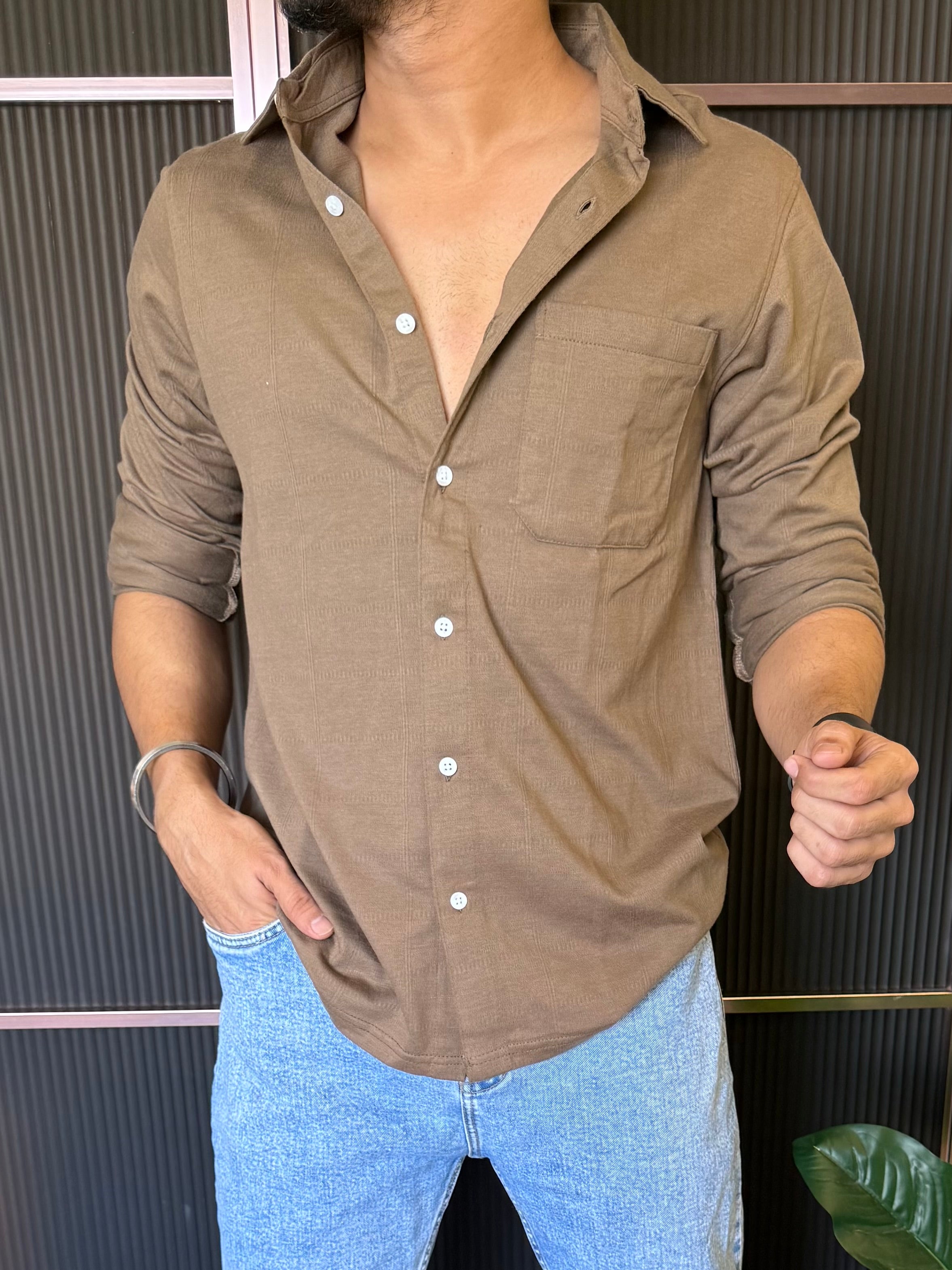 Self Texture Brown Fullsleeves Shirt