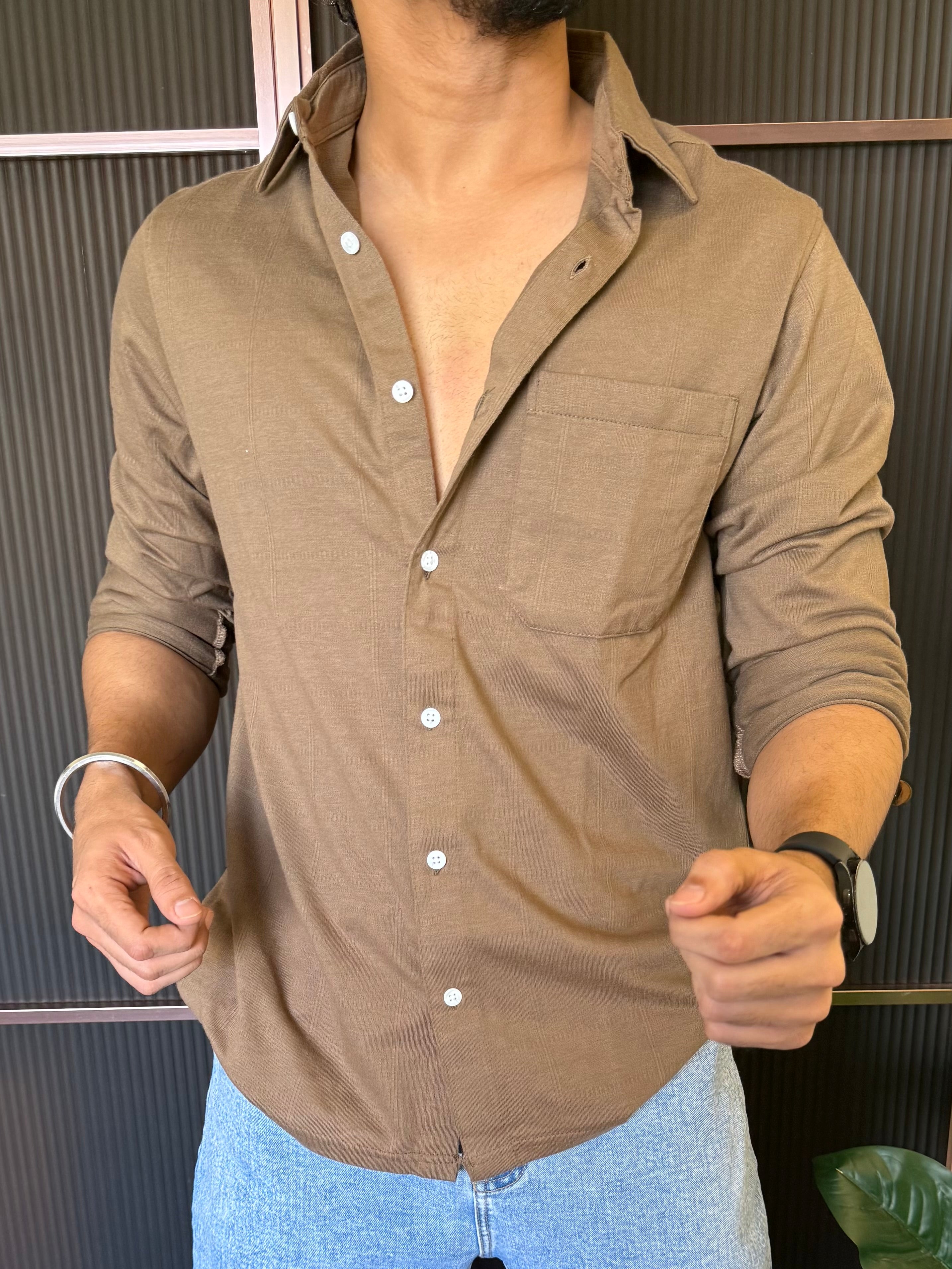 Self Texture Brown Fullsleeves Shirt