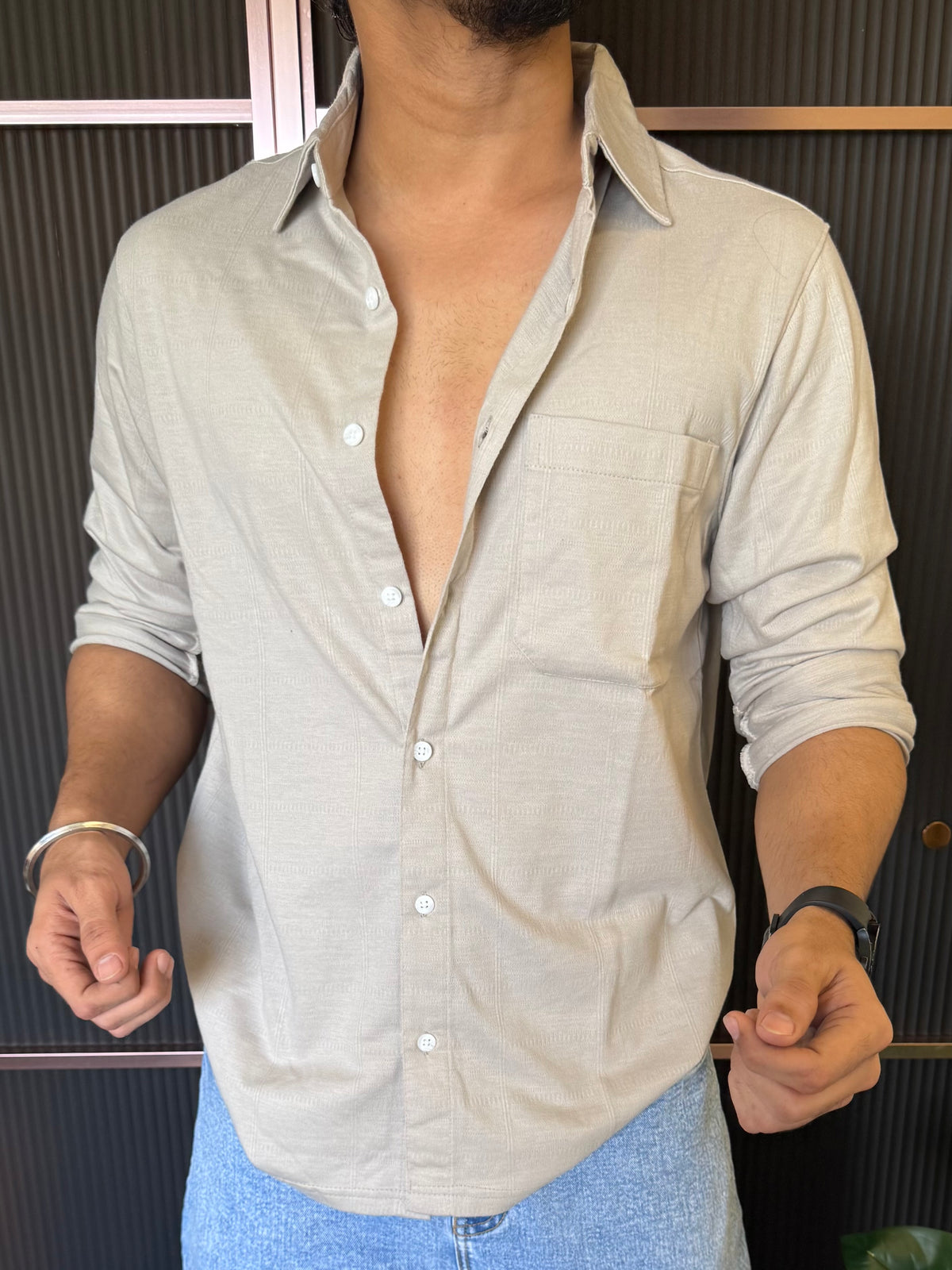 Self Texture Cream Fullsleeves Shirt