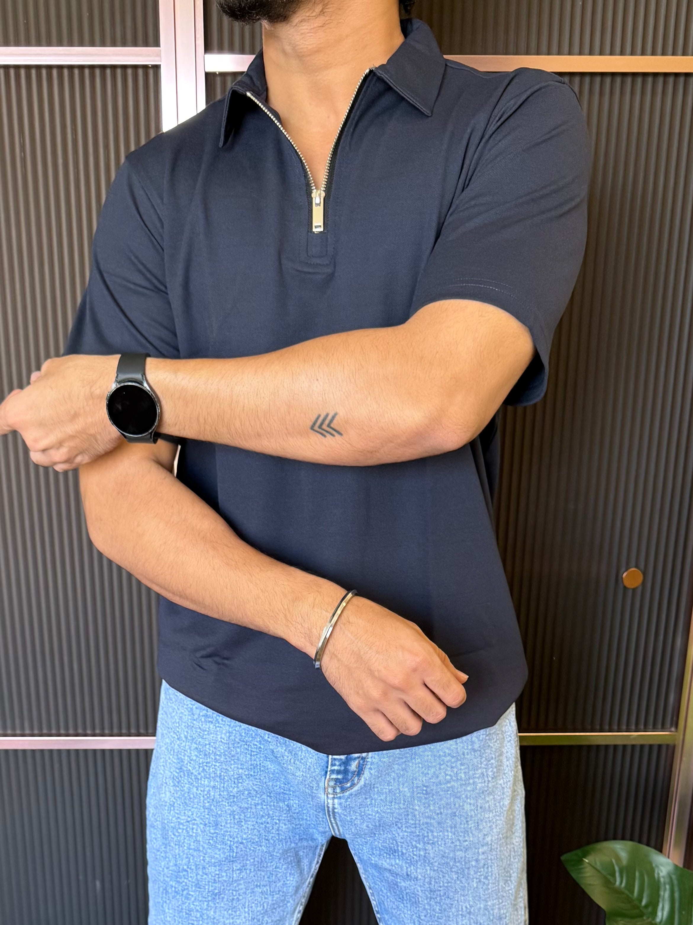 Relaxed Fit Zip Collar Navy Tshirt
