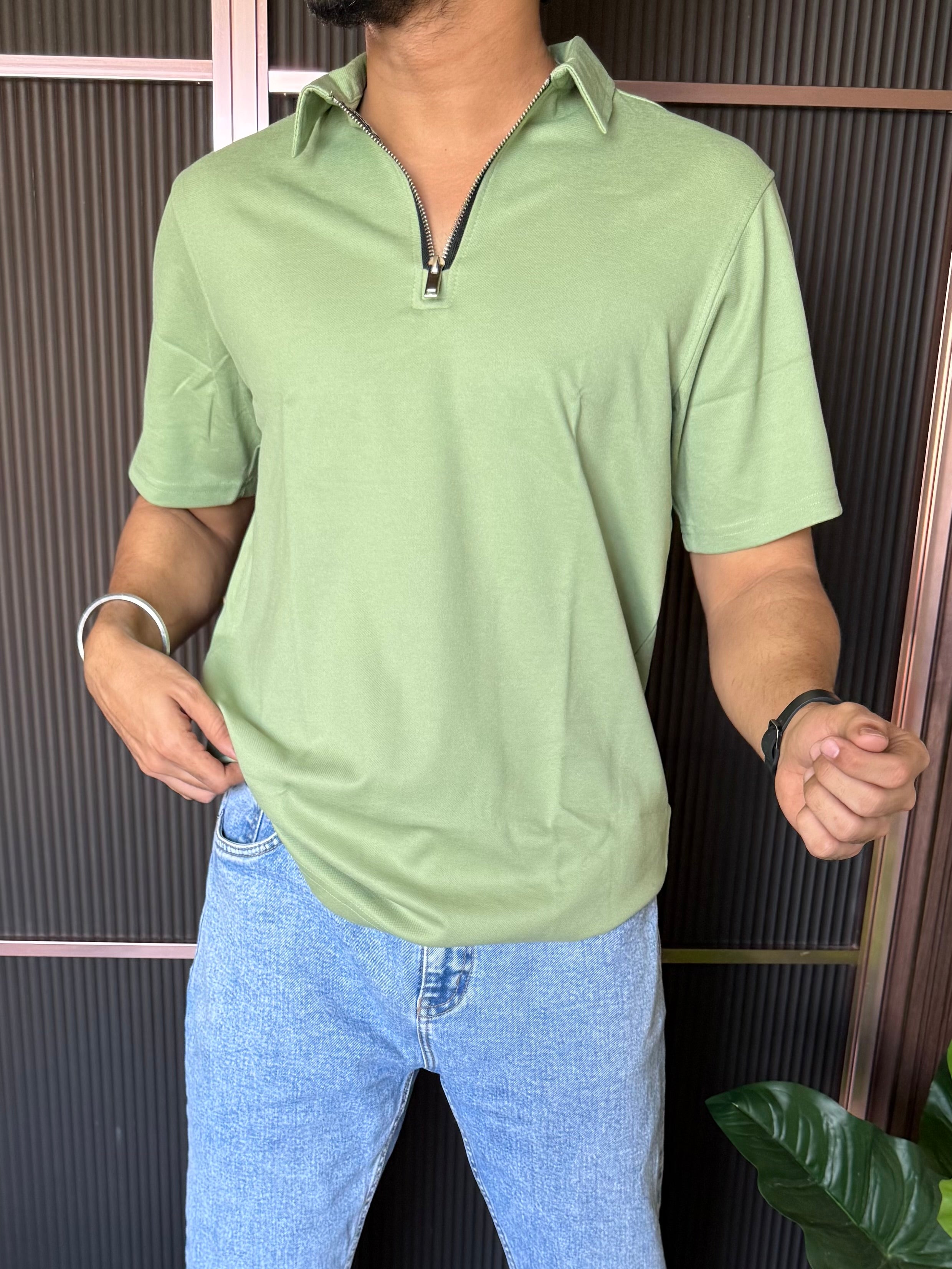 Relaxed Fit Zip Collar Green Tshirt