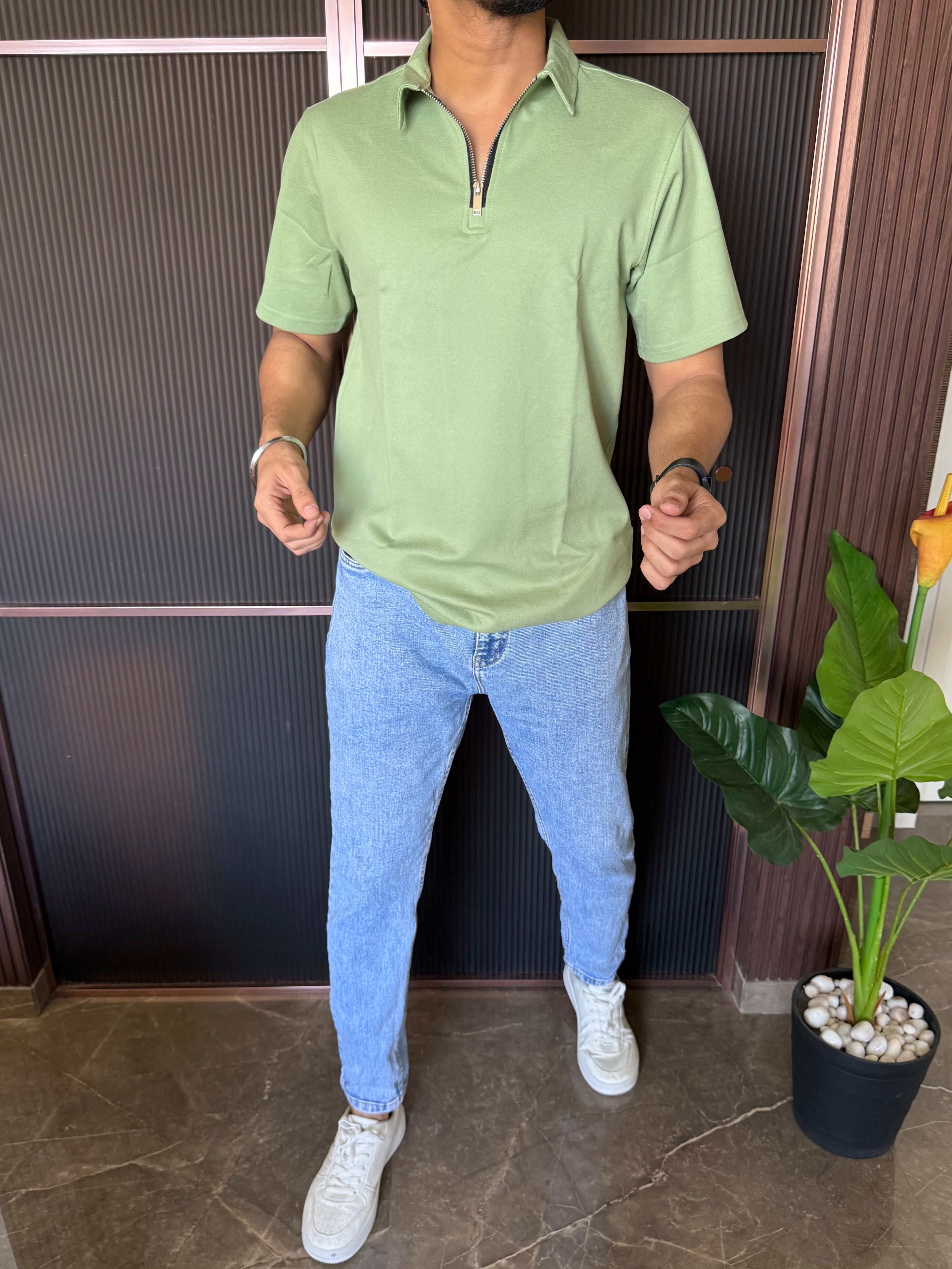 Relaxed Fit Zip Collar Green Tshirt