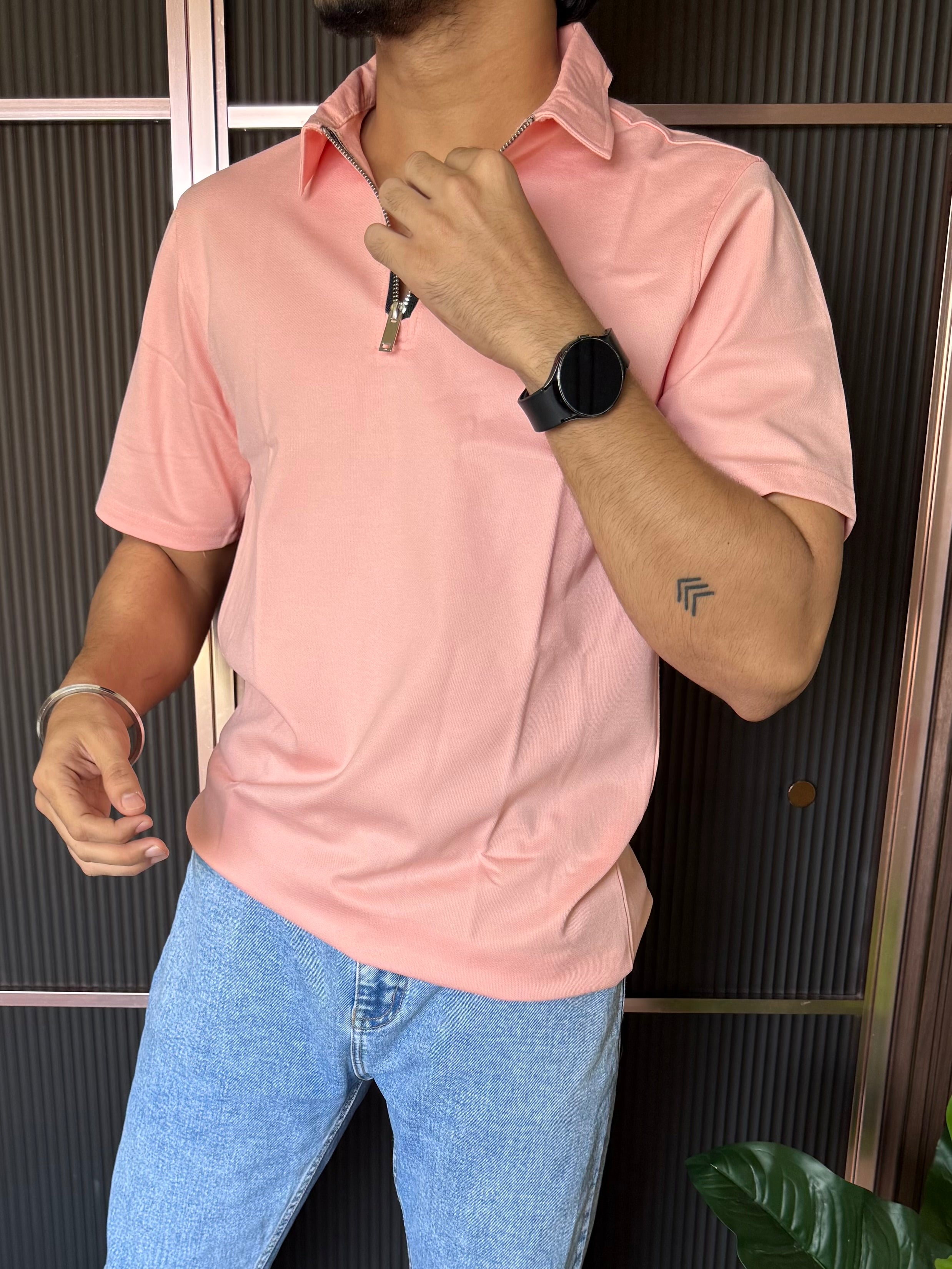 Relaxed Fit Zip Collar Peach Tshirt