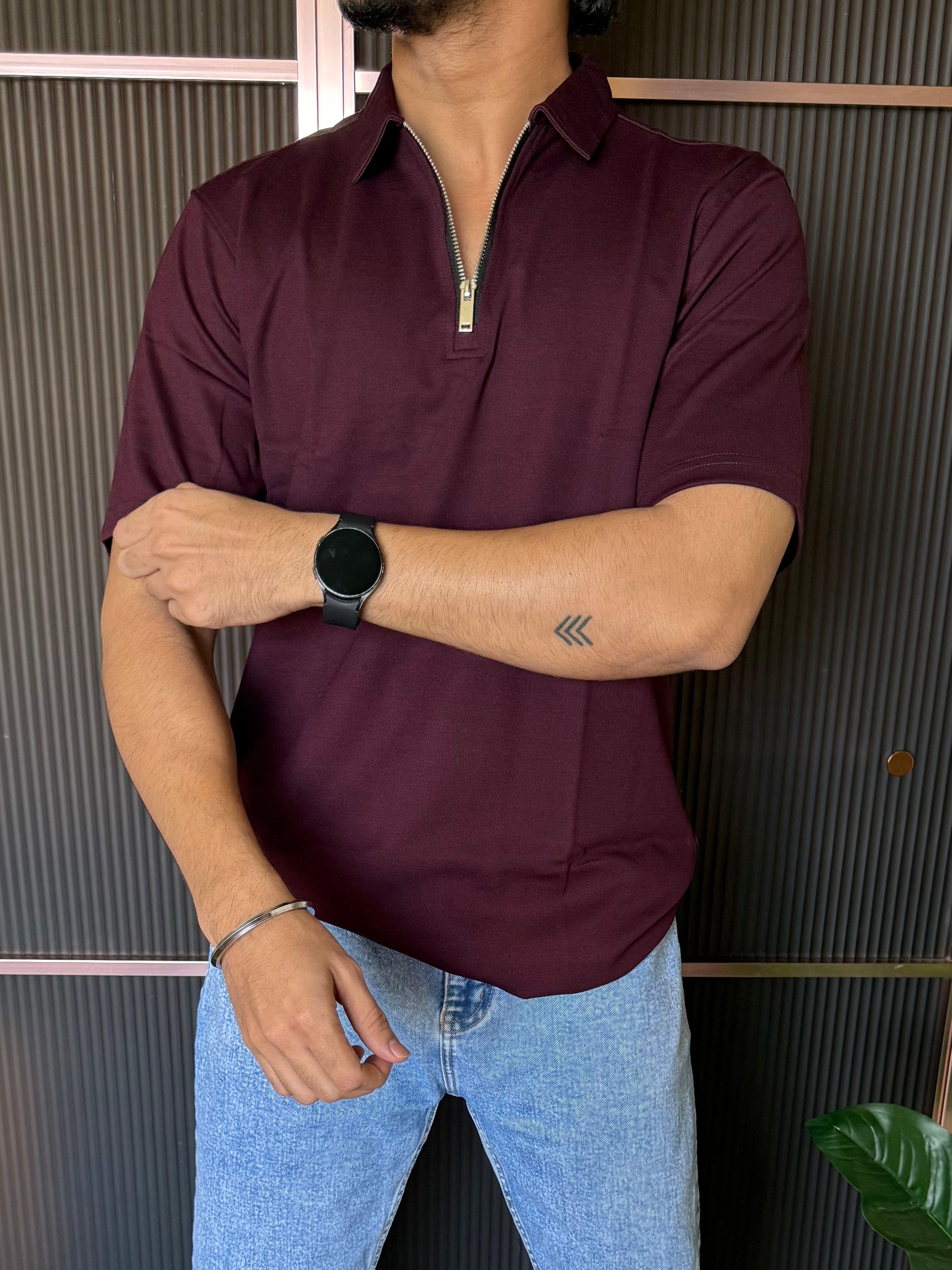 Relaxed Fit Zip Collar Wine Tshirt