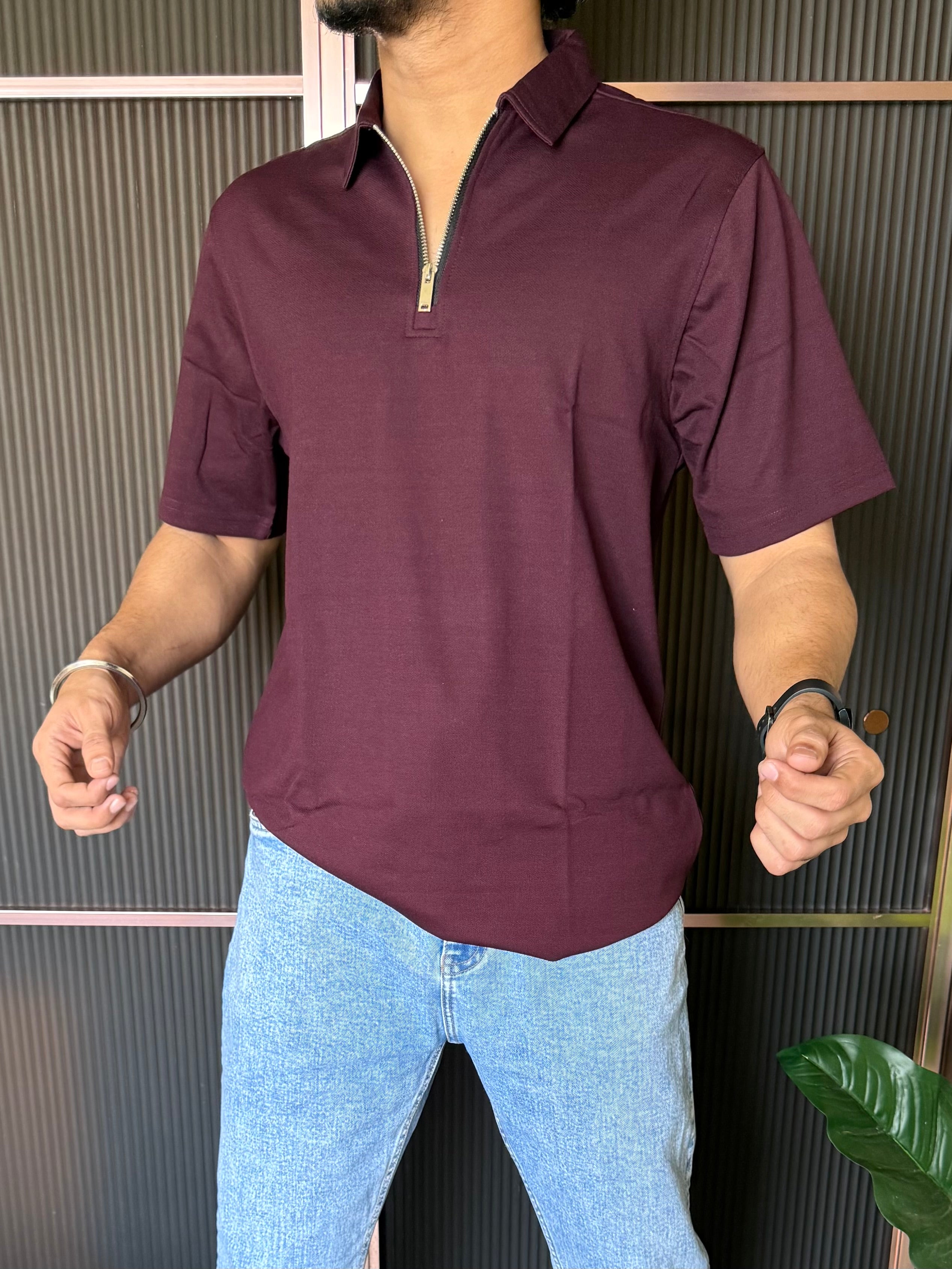 Relaxed Fit Zip Collar Wine Tshirt