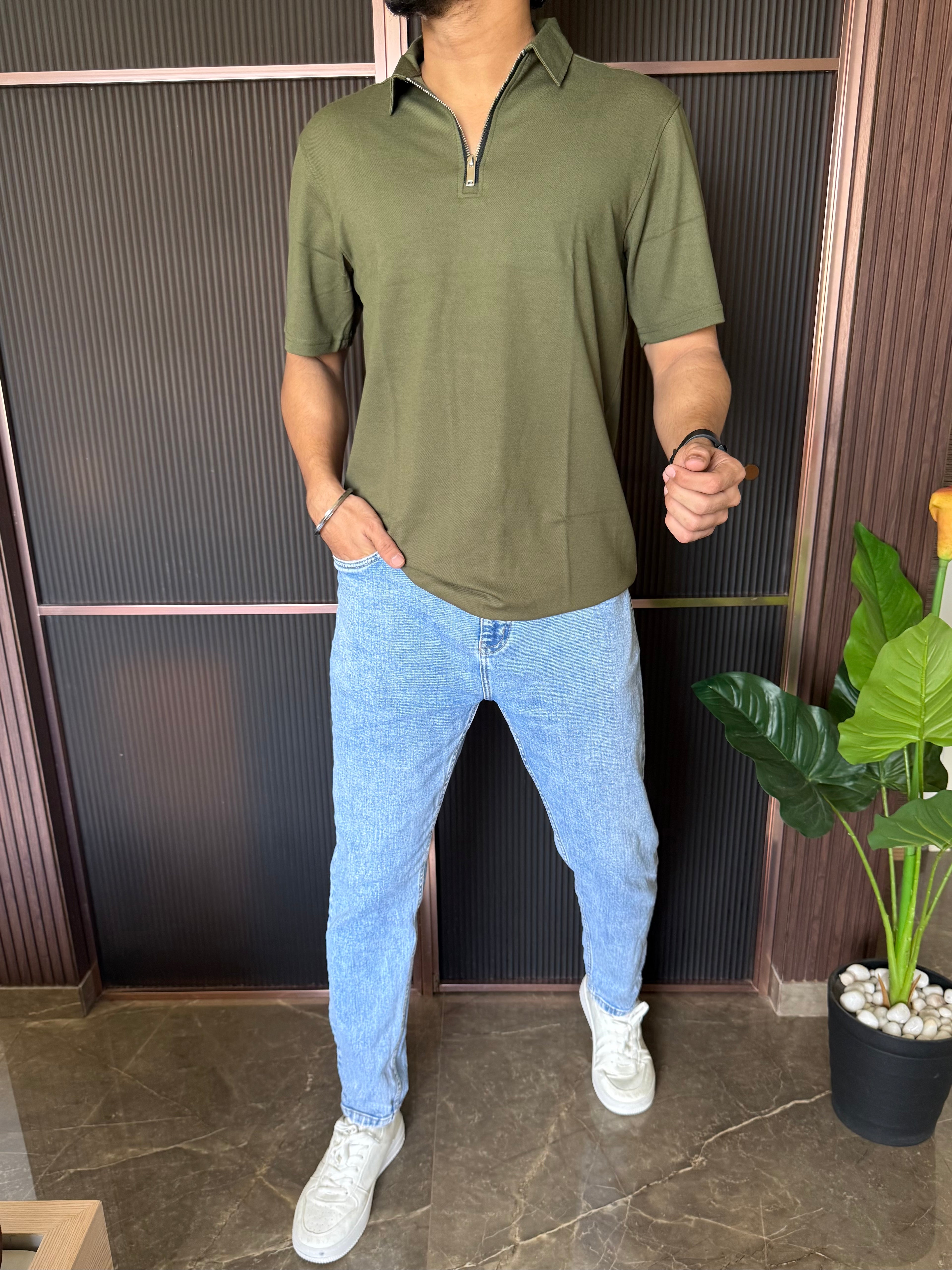 Relaxed Fit Zip Collar Olive Tshirt
