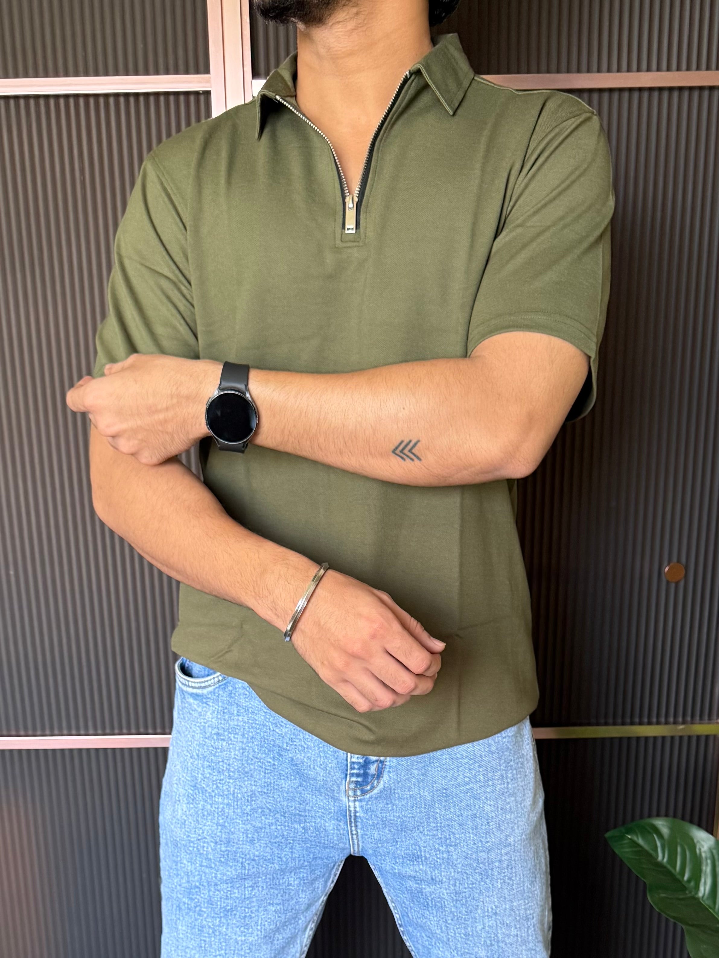 Relaxed Fit Zip Collar Olive Tshirt