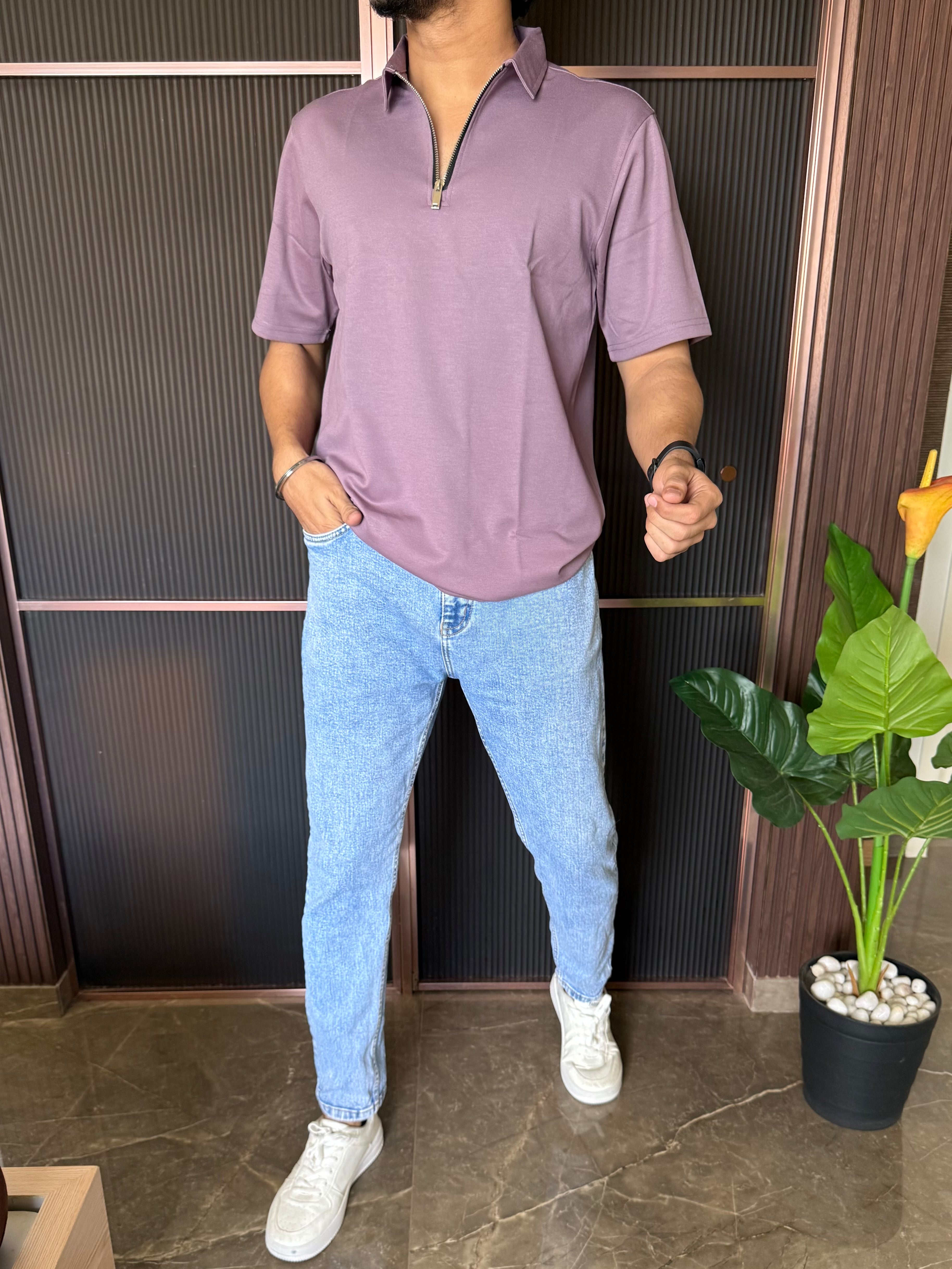 Relaxed Fit Zip Collar Lavender Tshirt