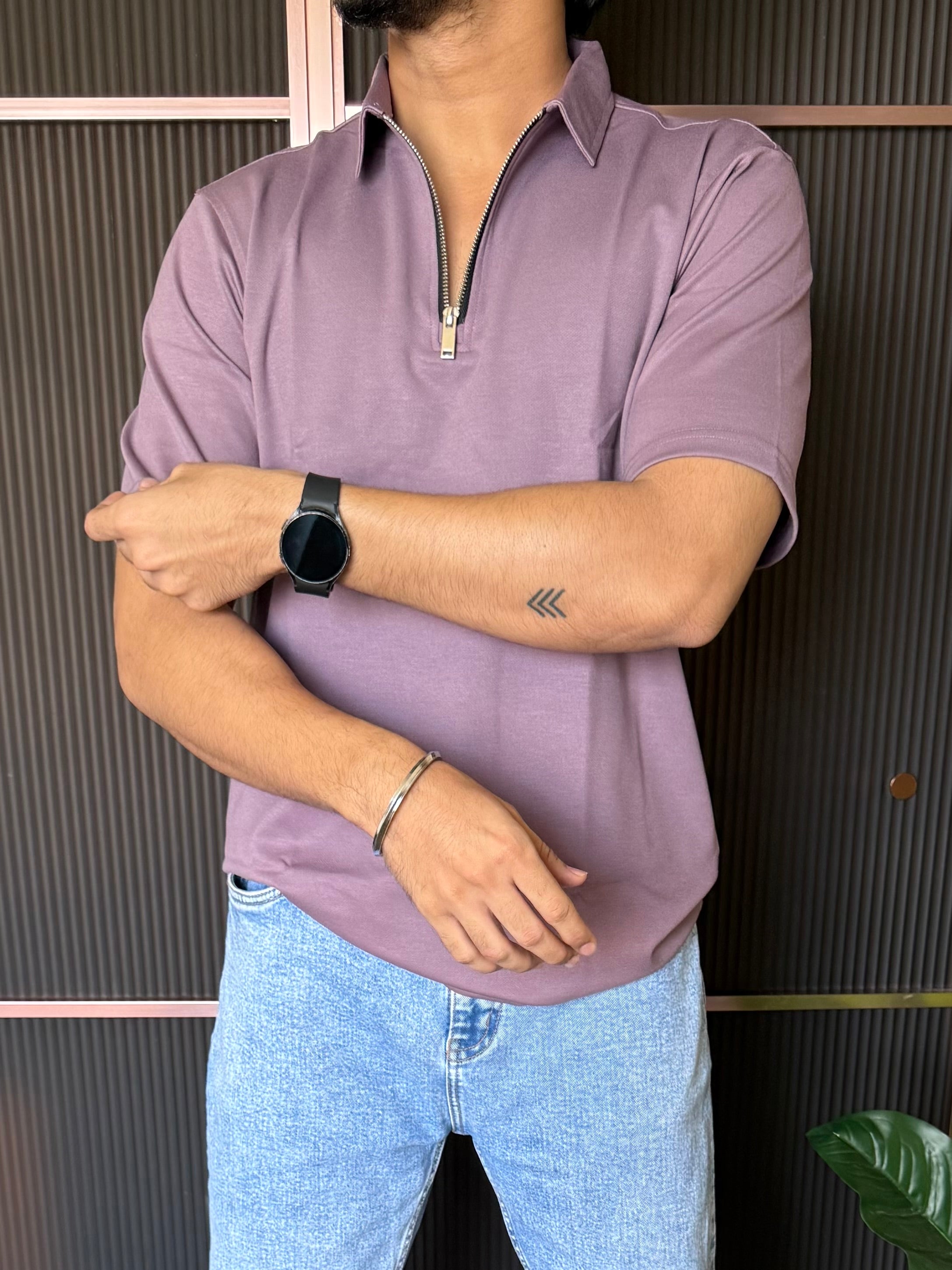Relaxed Fit Zip Collar Lavender Tshirt
