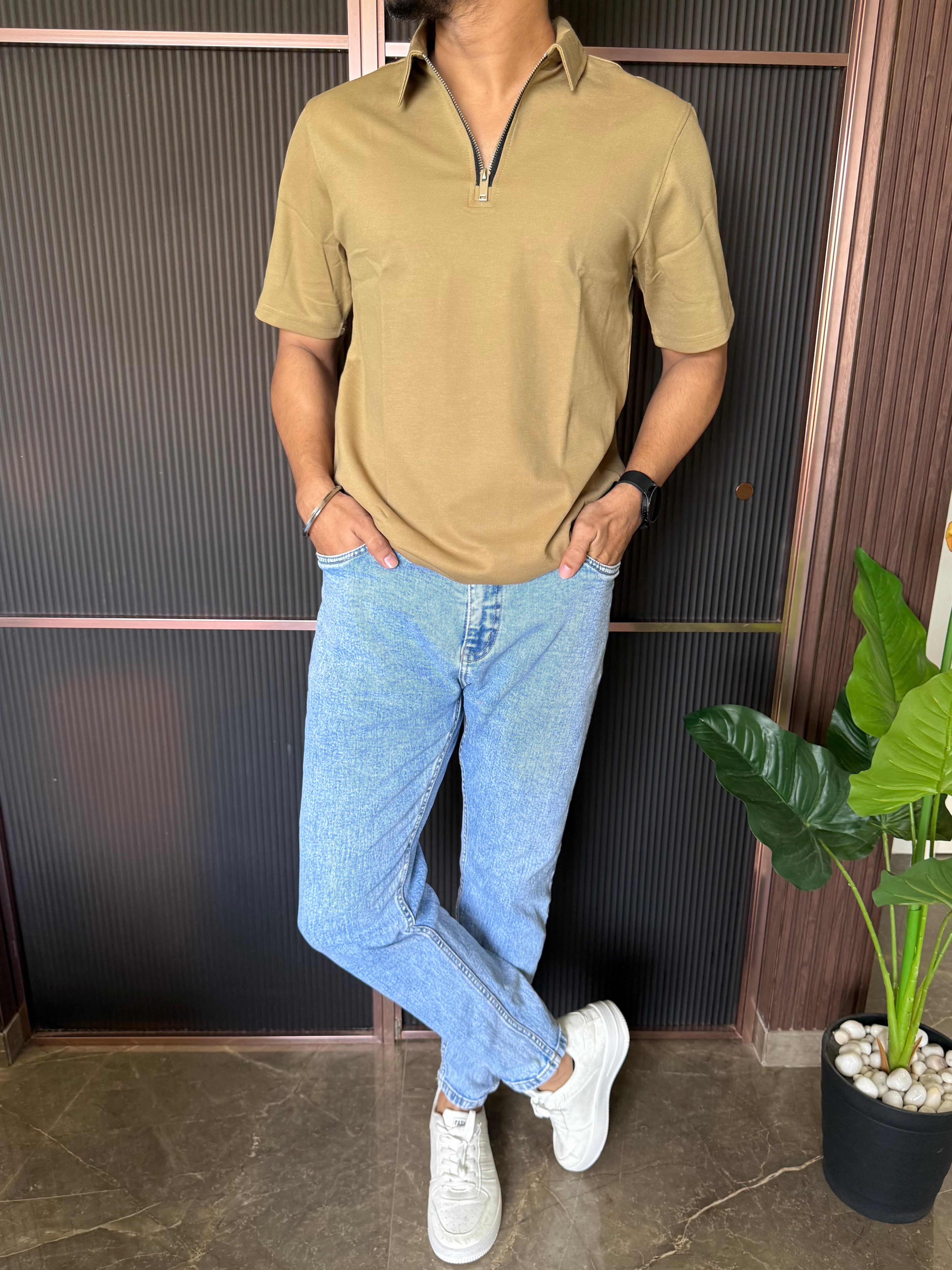 Relaxed Fit Zip Collar Camel Tshirt