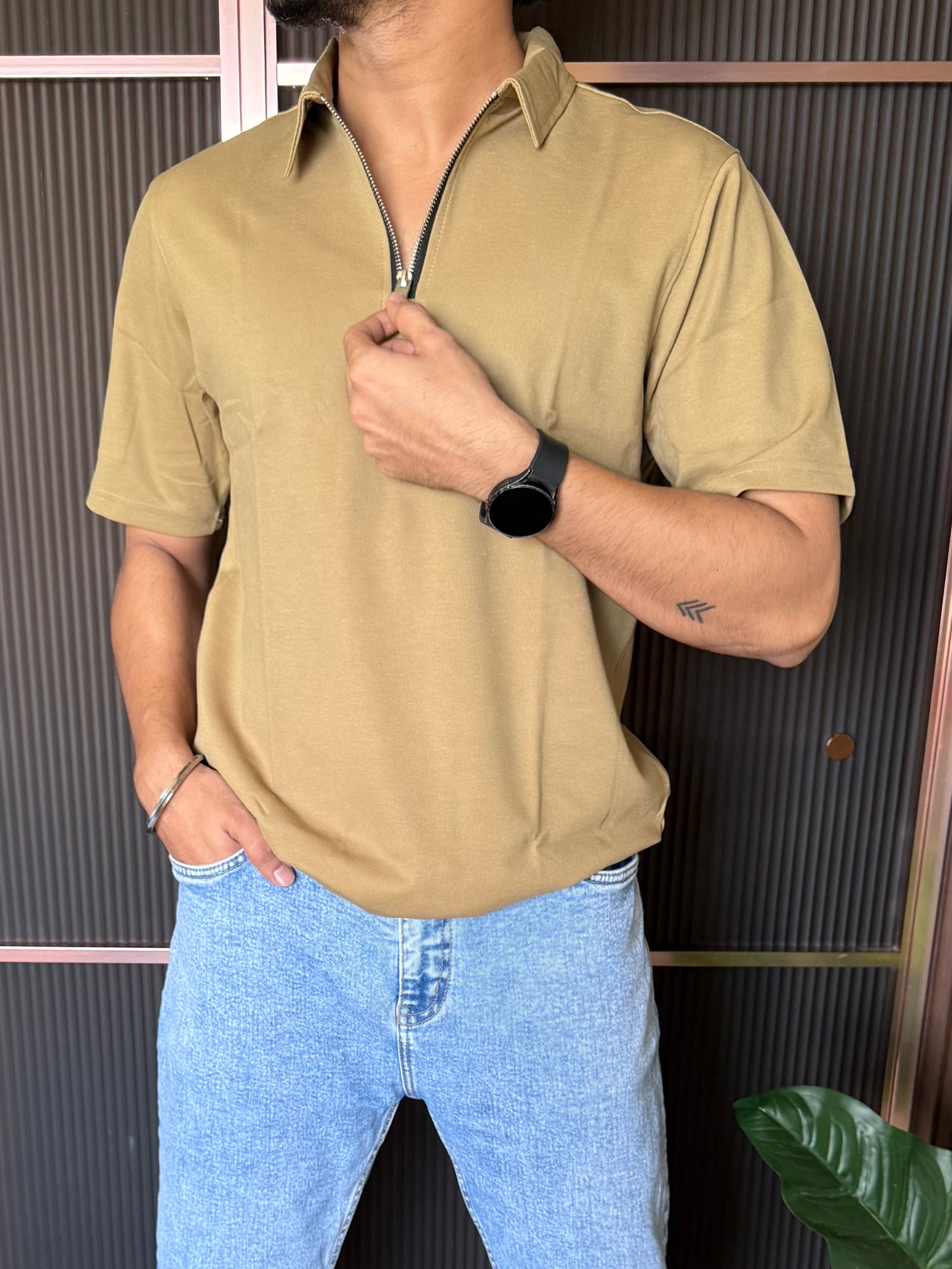 Relaxed Fit Zip Collar Camel Tshirt