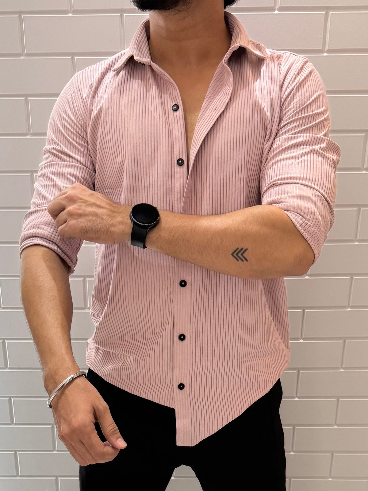 Imported Fabric Self Stripe Peach Full sleeve Shirt