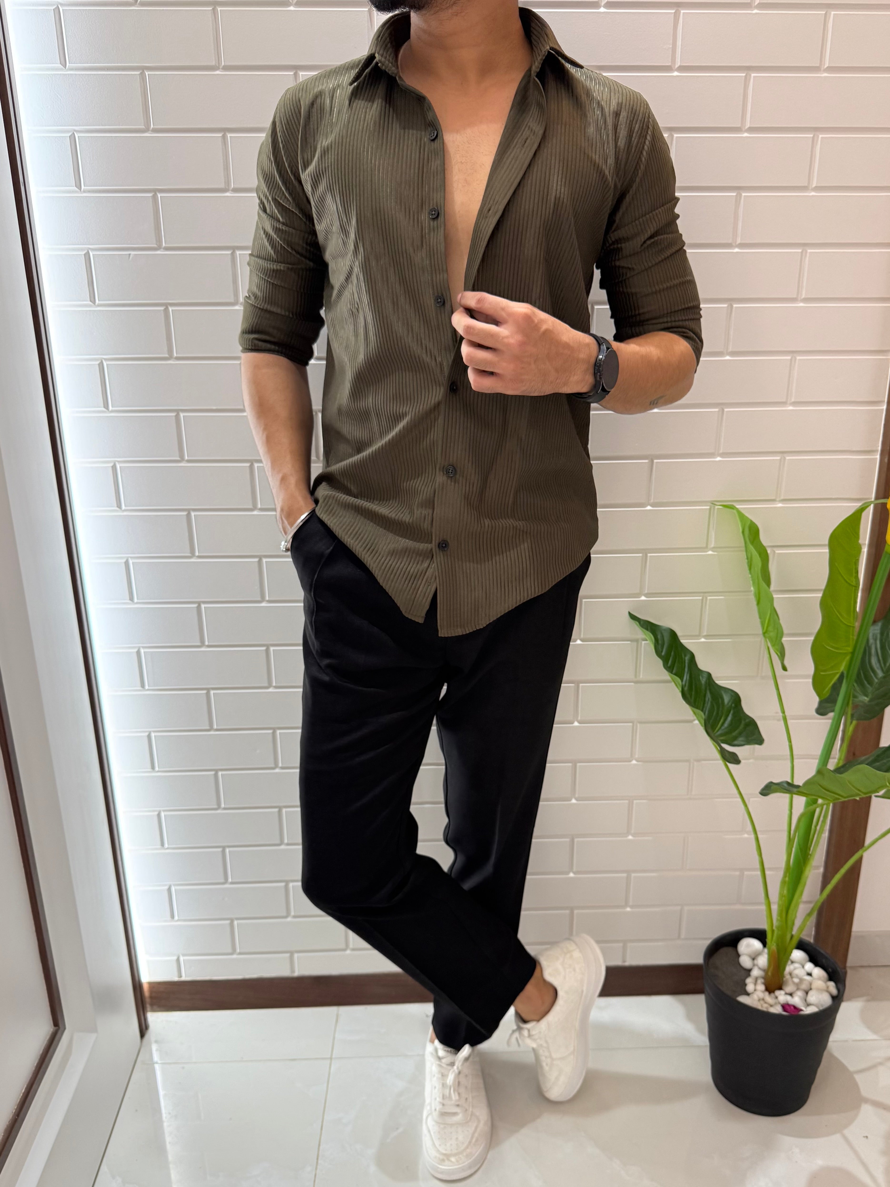 Imported Fabric Self Stripe Olive Full sleeve Shirt