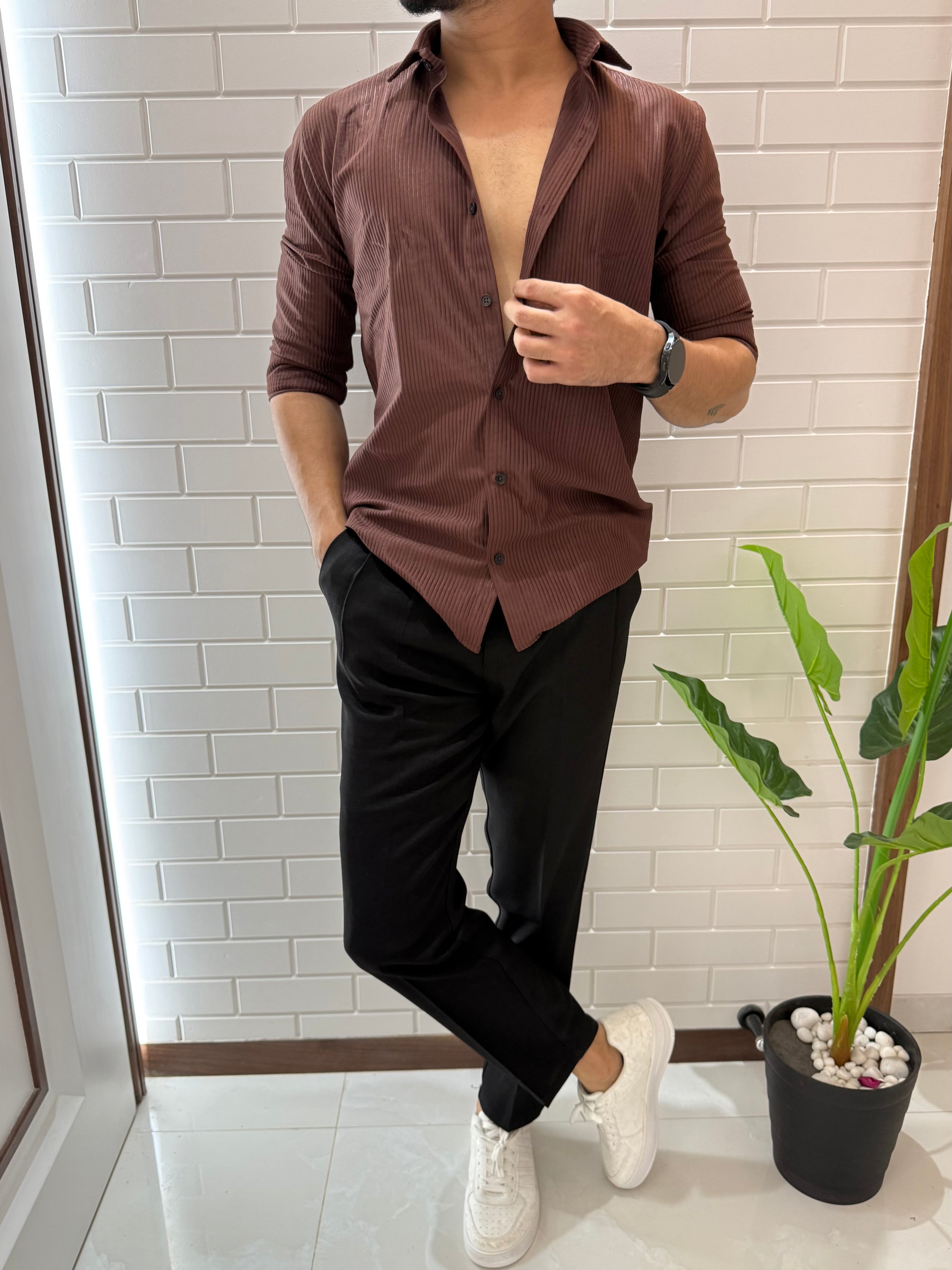 Imported Fabric Self Stripe Brown Full sleeve Shirt