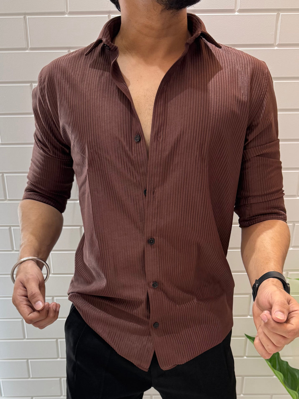 Imported Fabric Self Stripe Brown Full sleeve Shirt