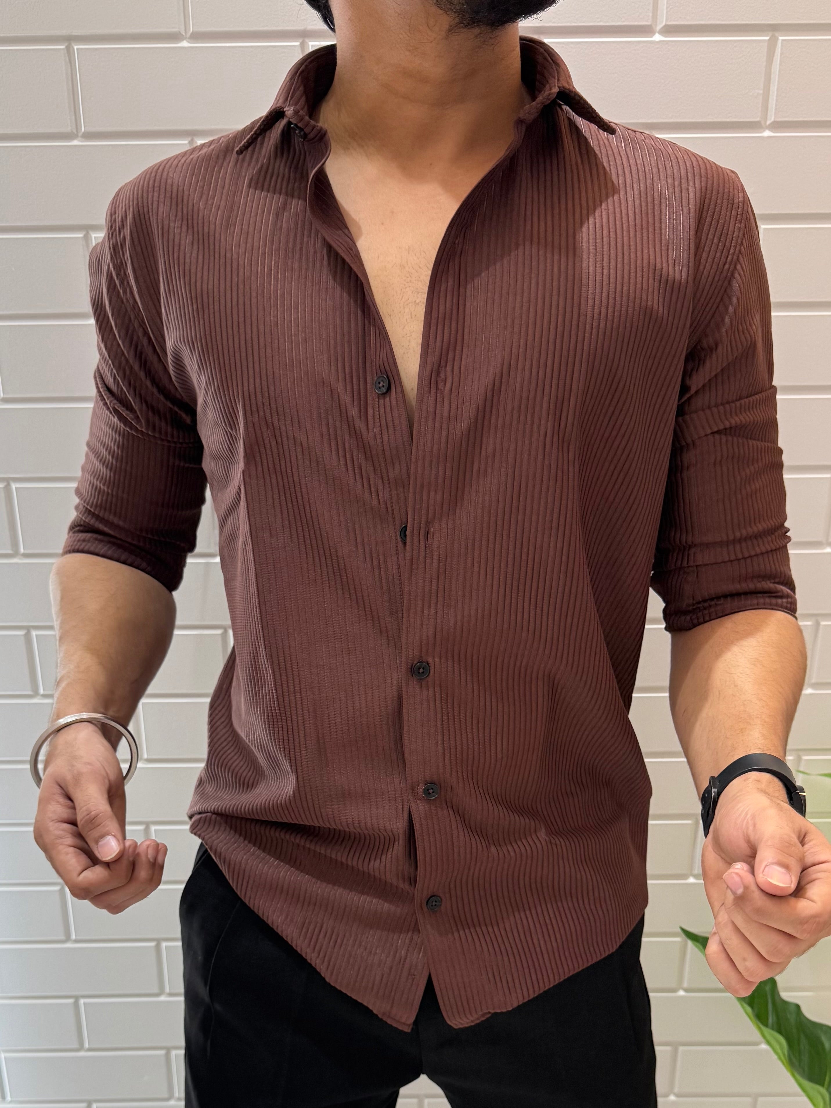 Imported Fabric Self Stripe Brown Full sleeve Shirt