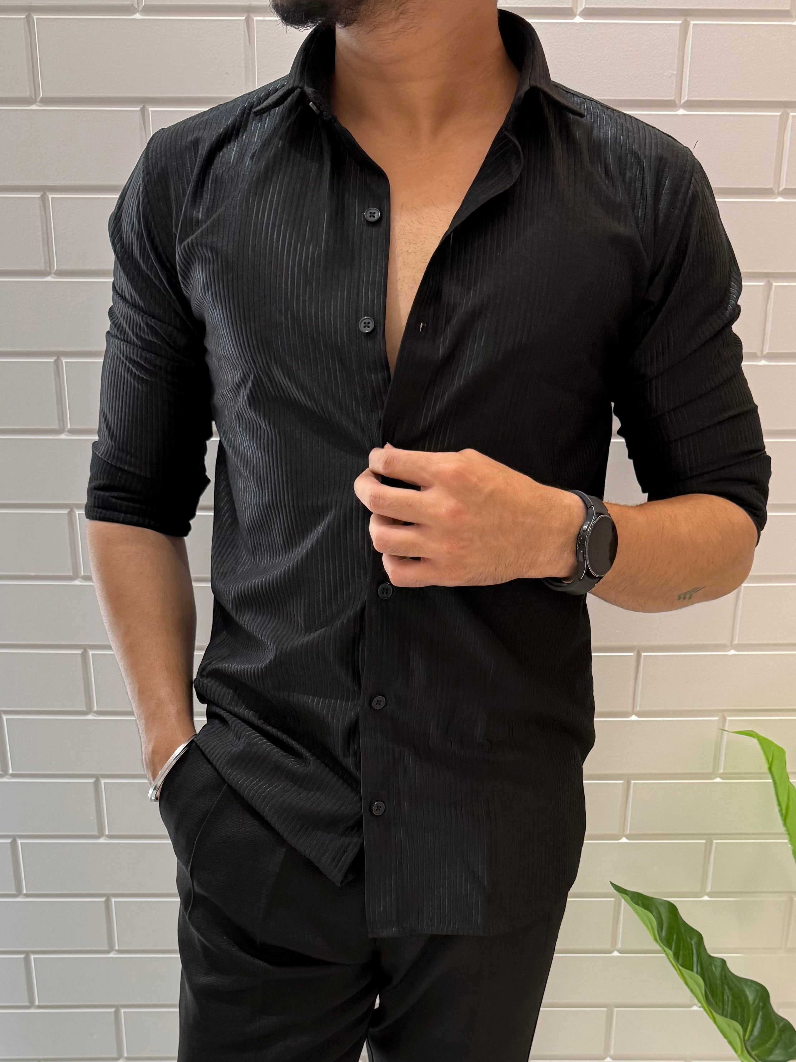 Imported Fabric Self Stripe Black Full sleeve Shirt